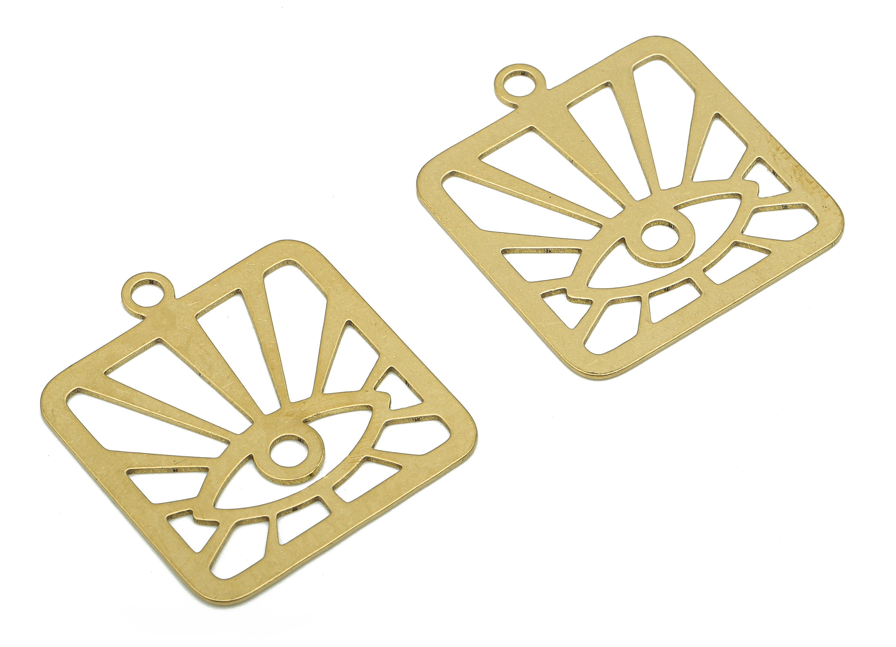 Brass Eye Earring Charm - Raw Brass Eyelashes Earring - Sun Eye Pendant With Loop - Square Charm For Necklace - 28.08x24.96x0.58mm - PP7971 - DOMEDBAZAAR