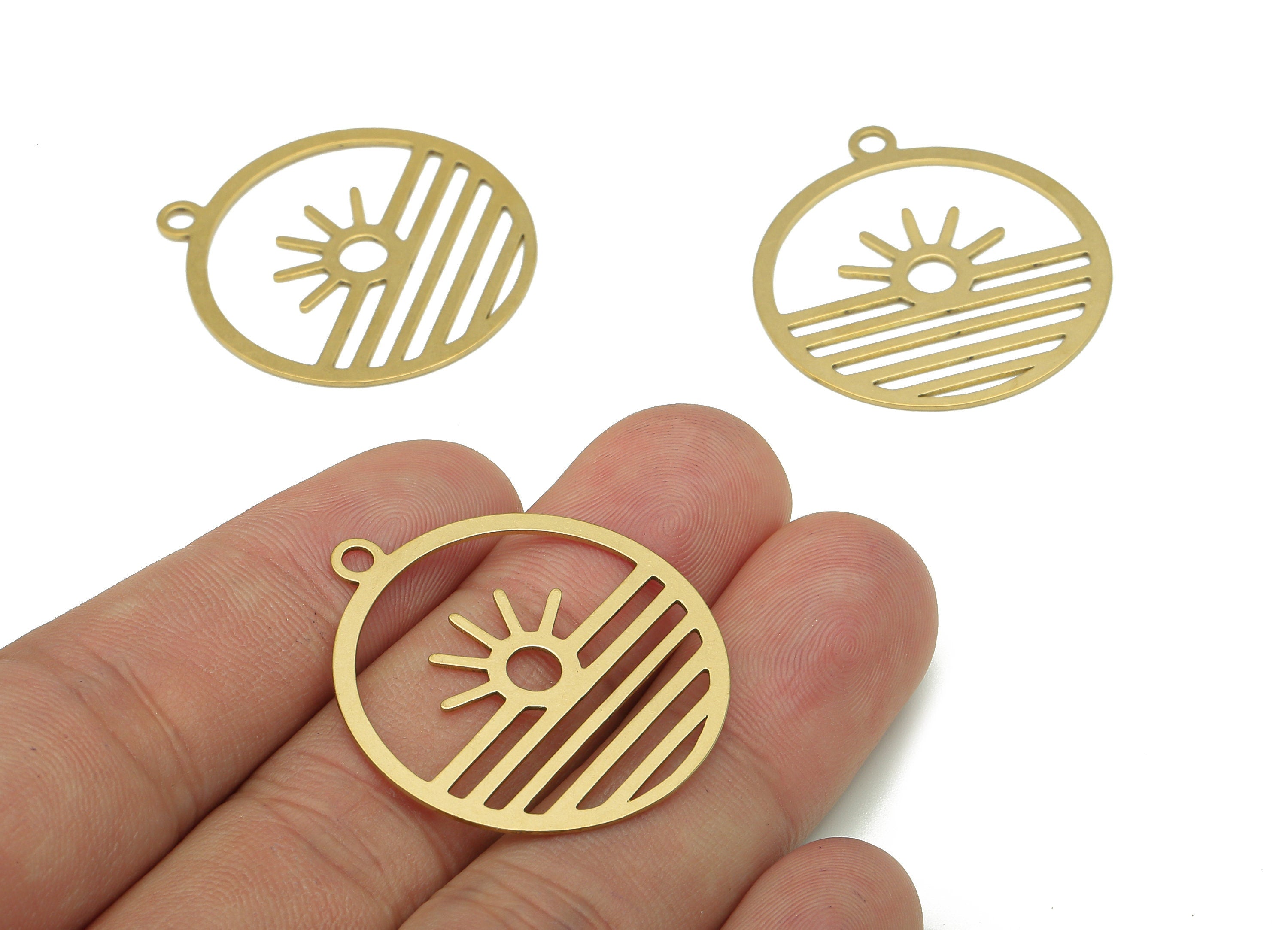 Brass Round Sun Earring Charm - Raw Brass Circle Sunrise Earring - Sunset Pendant With Loop - Landscape For Necklace - 33.5x30x0.6mm-PP7973 - DOMEDBAZAAR