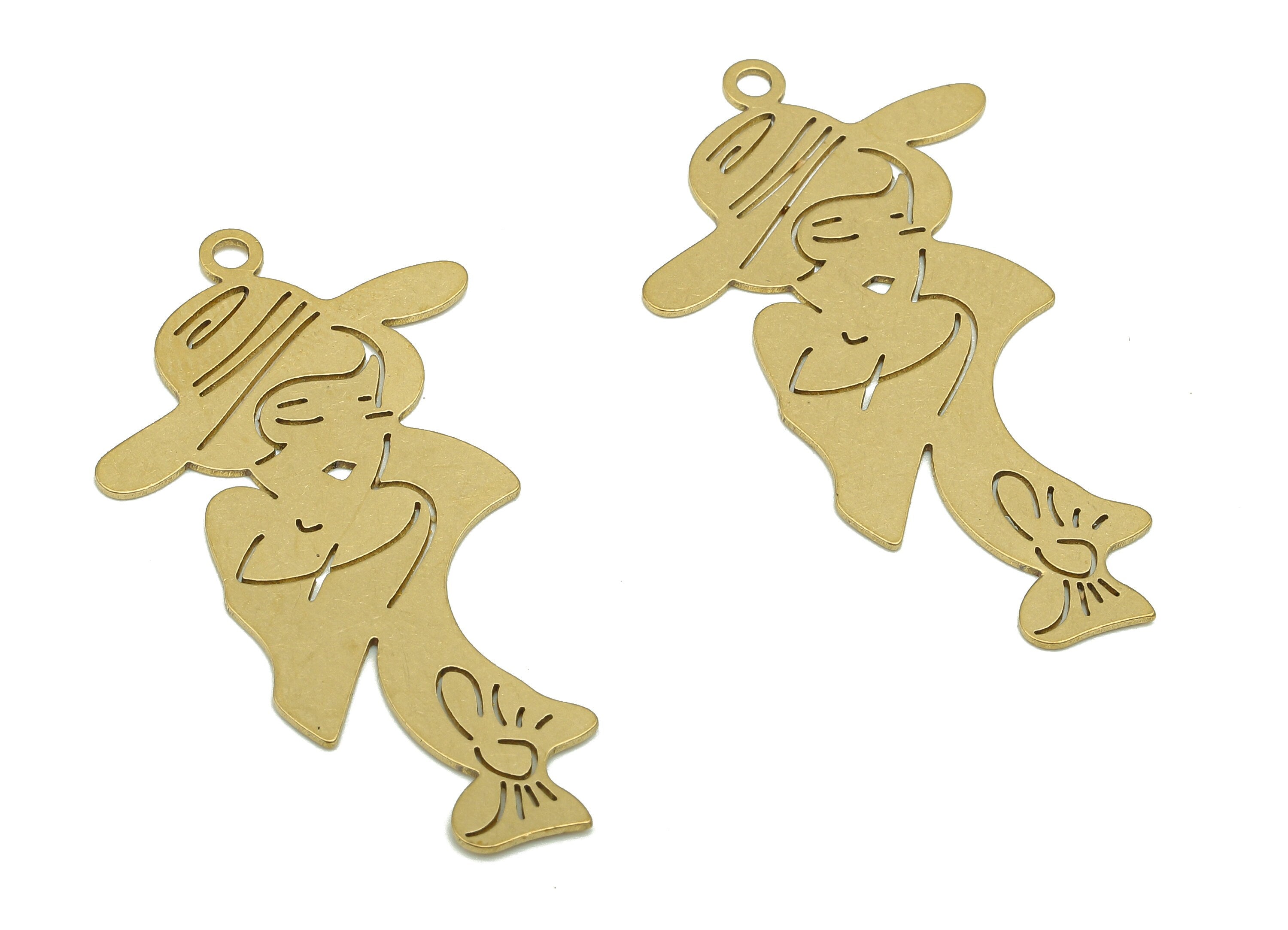 Brass Lady Earring Charm - Raw Brass Girl In Hat Earring - Woman Pendant With Loop - Girl Charm For Necklace - 43.87x24.58x0.58mm - PP7974 - DOMEDBAZAAR