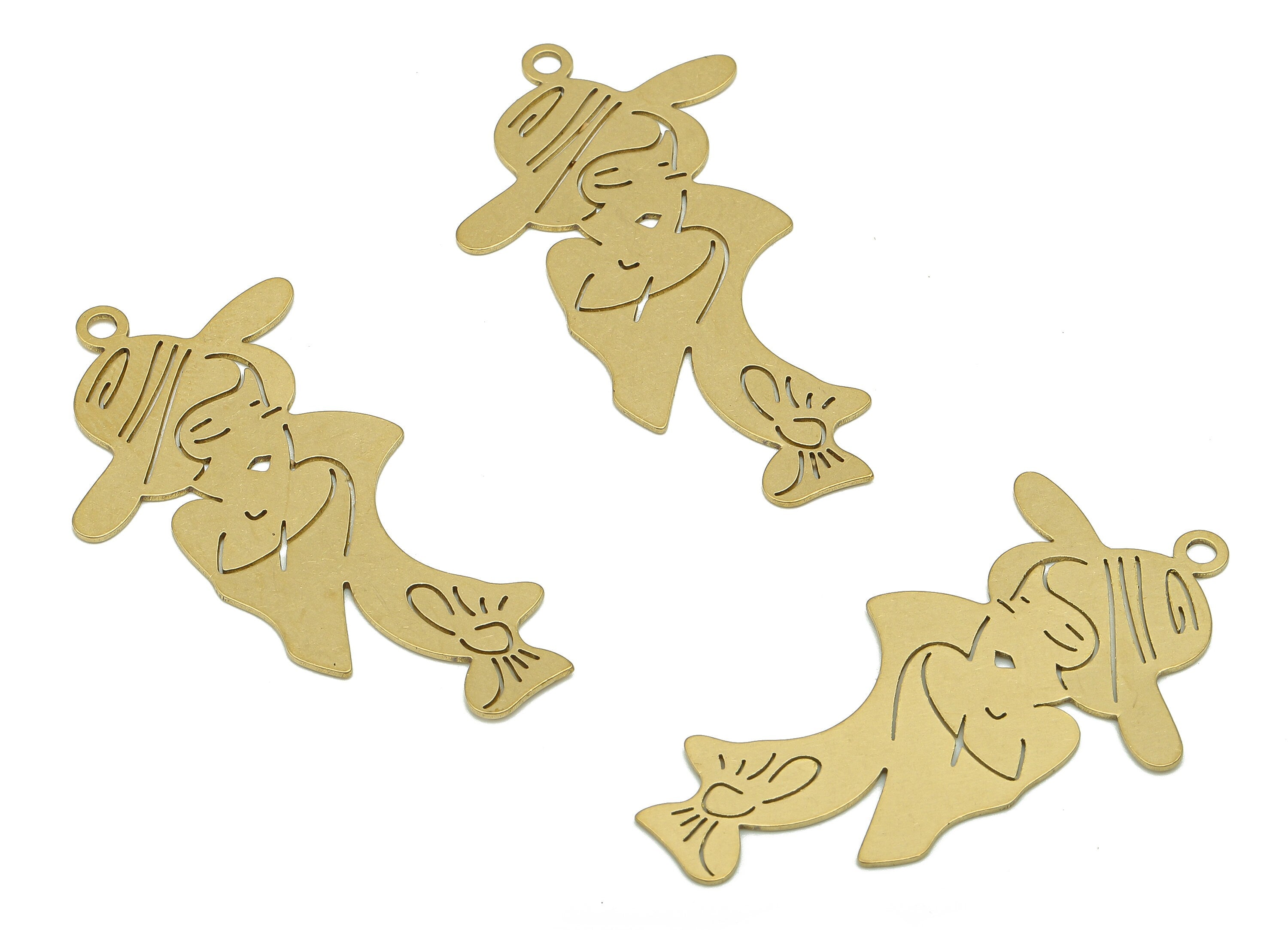 Brass Lady Earring Charm - Raw Brass Girl In Hat Earring - Woman Pendant With Loop - Girl Charm For Necklace - 43.87x24.58x0.58mm - PP7974 - DOMEDBAZAAR