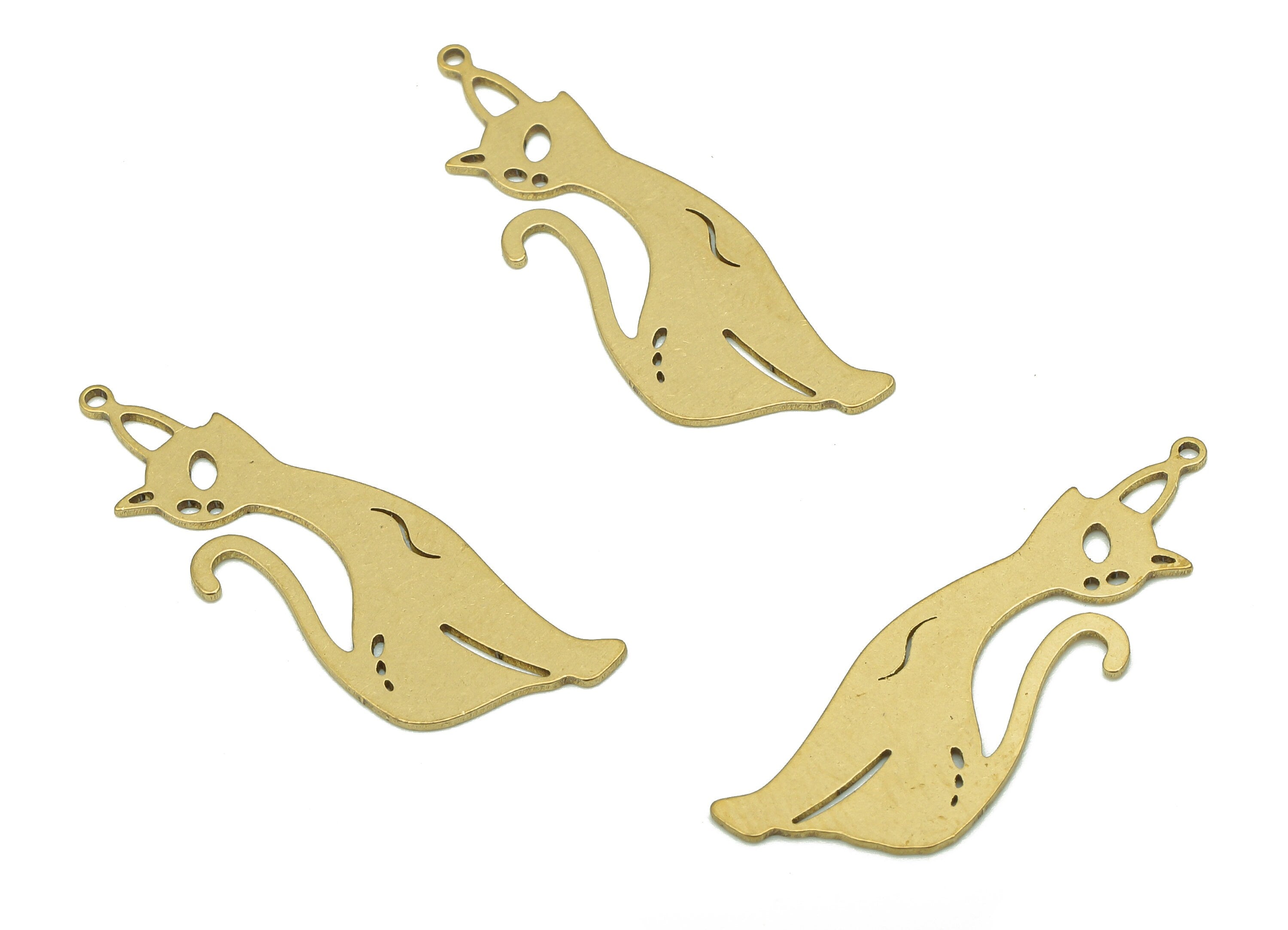 Brass Cat Earring Charm - Raw Brass Cat Earring - Cat Pendant With Loop - Cat Charm For Necklace - 29.91x9.73x0.53mm - PP7975 - DOMEDBAZAAR