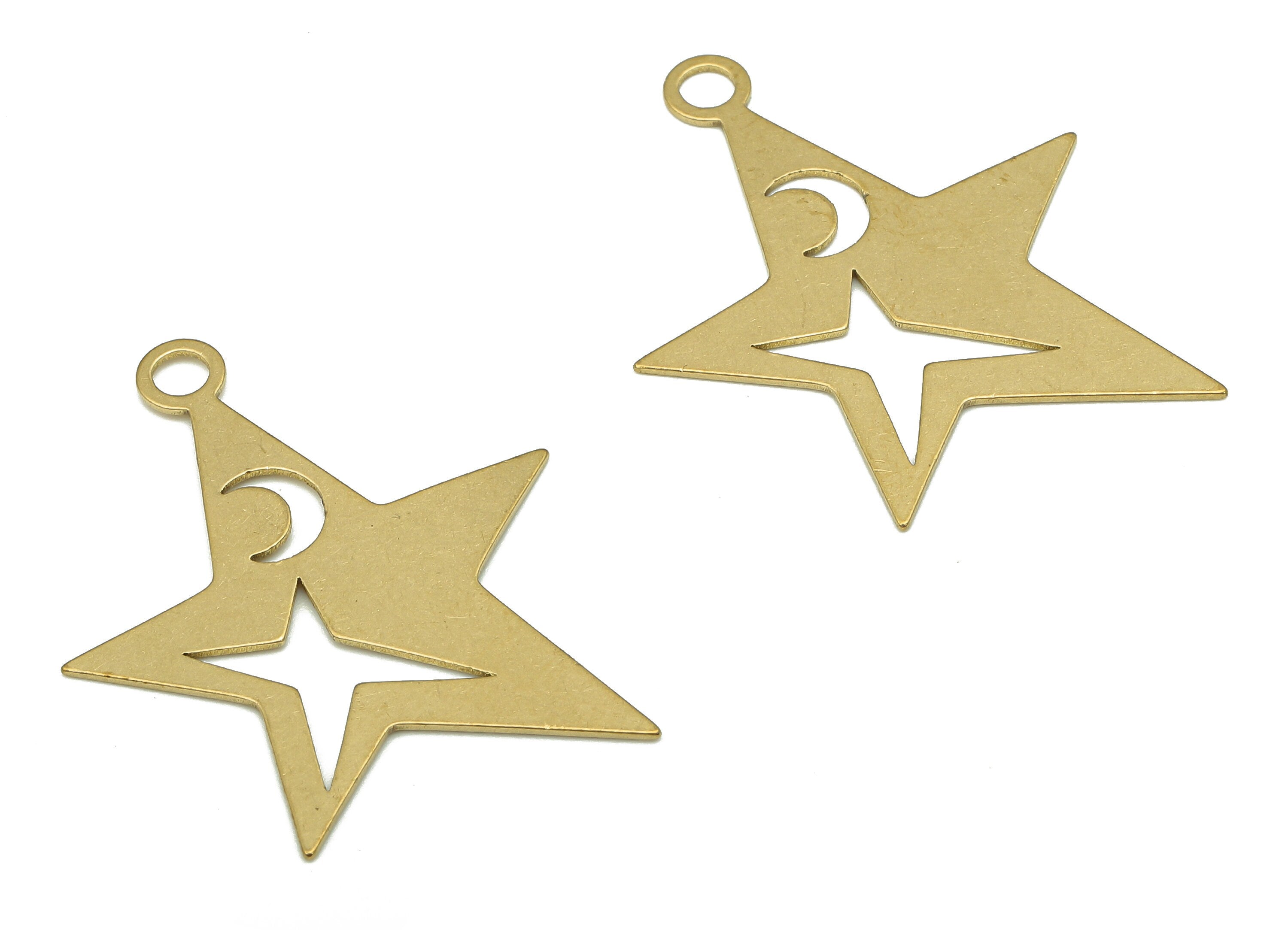 Brass Star Earring Charm - Raw Brass Moon Earring - Star Pendant With Loop - Star For Necklace - 34.97x26.83x0.56mm - PP7976 - DOMEDBAZAAR