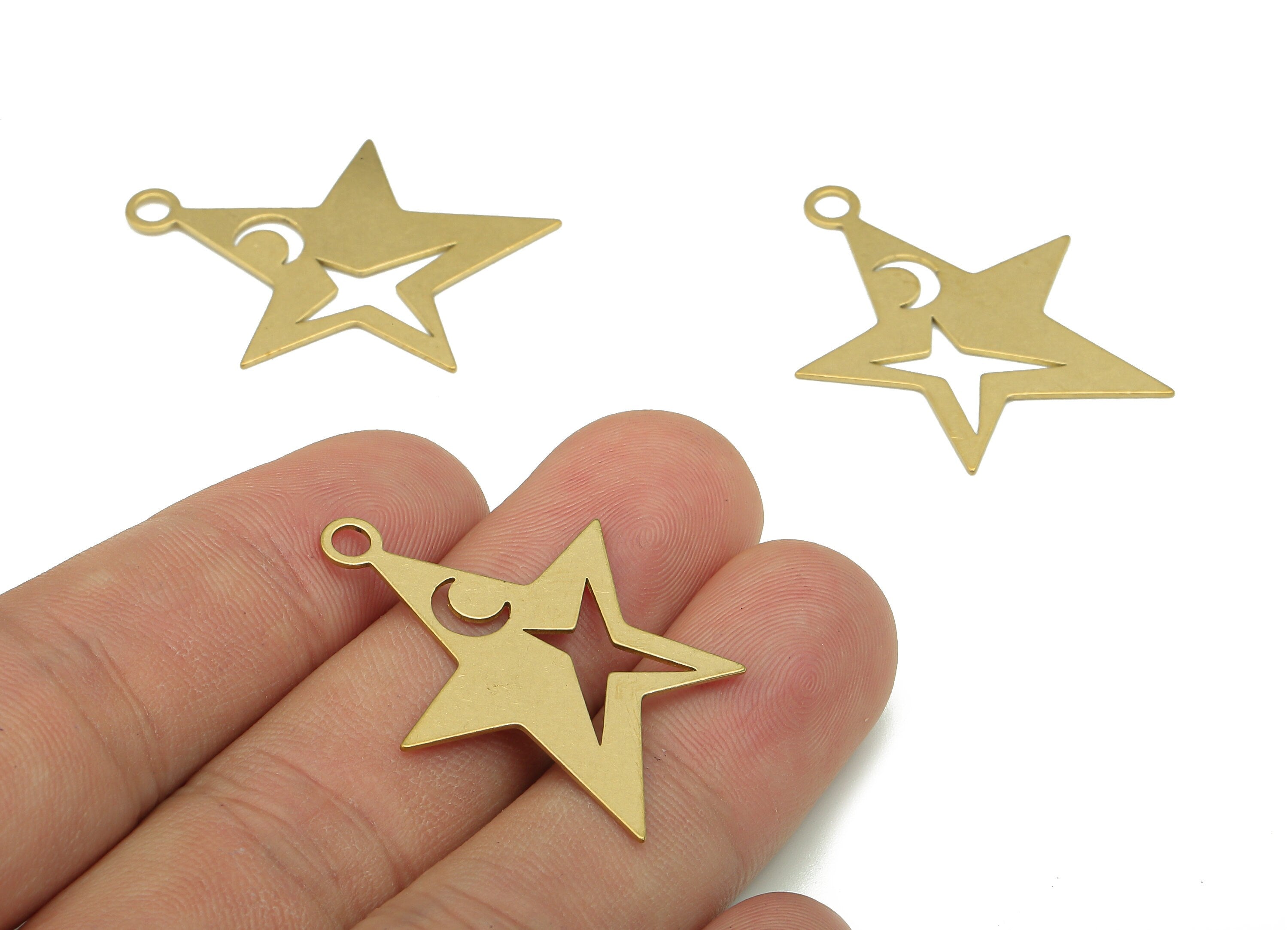 Brass Star Earring Charm - Raw Brass Moon Earring - Star Pendant With Loop - Star For Necklace - 34.97x26.83x0.56mm - PP7976 - DOMEDBAZAAR