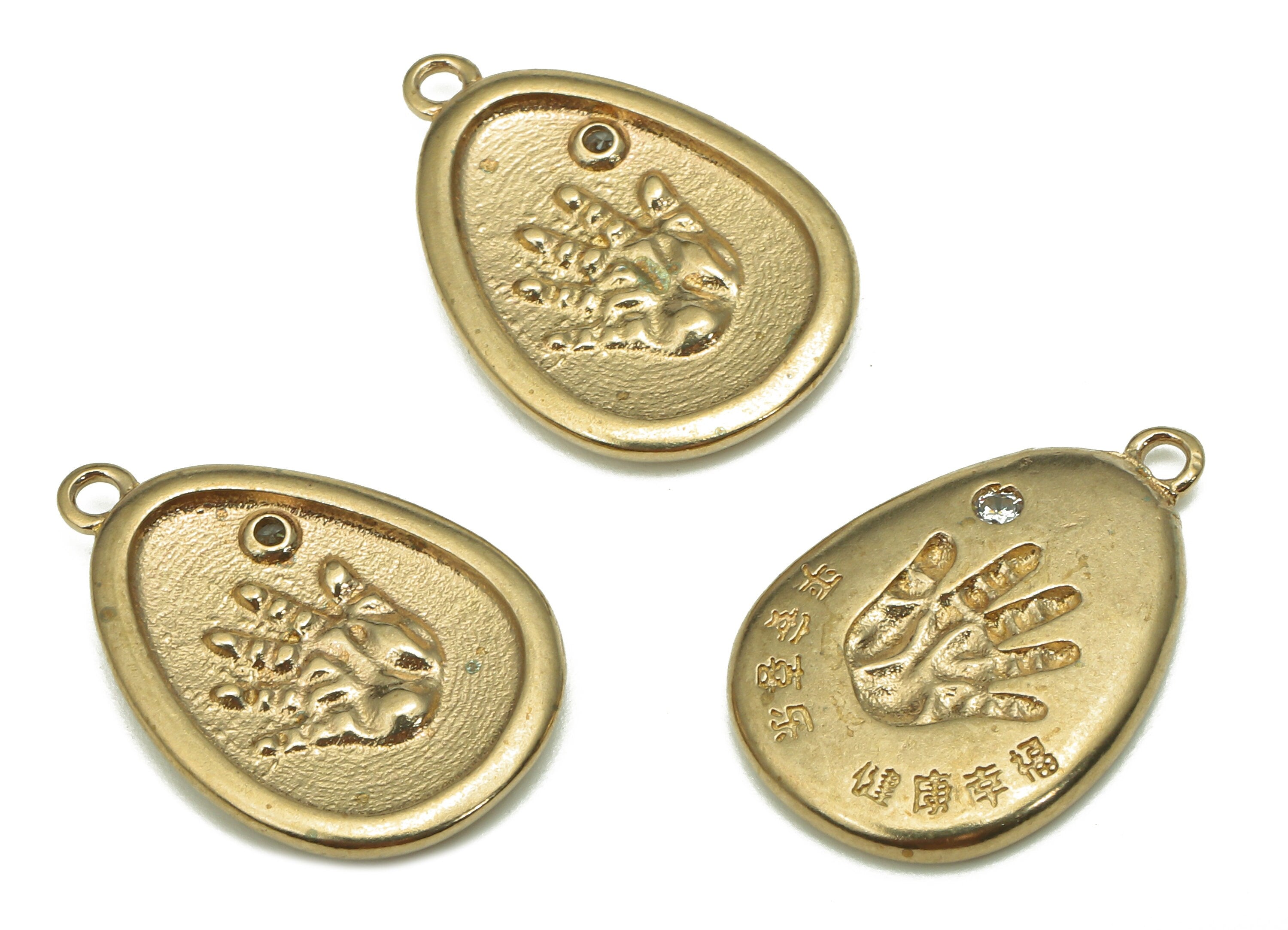 Brass Handprint Oval Pendant - Raw Brass Zircon Earring - Hand Pendant With Loop - Wish Charm For Necklace - 20.56x13.83x2.08mm - PP7985 - DOMEDBAZAAR