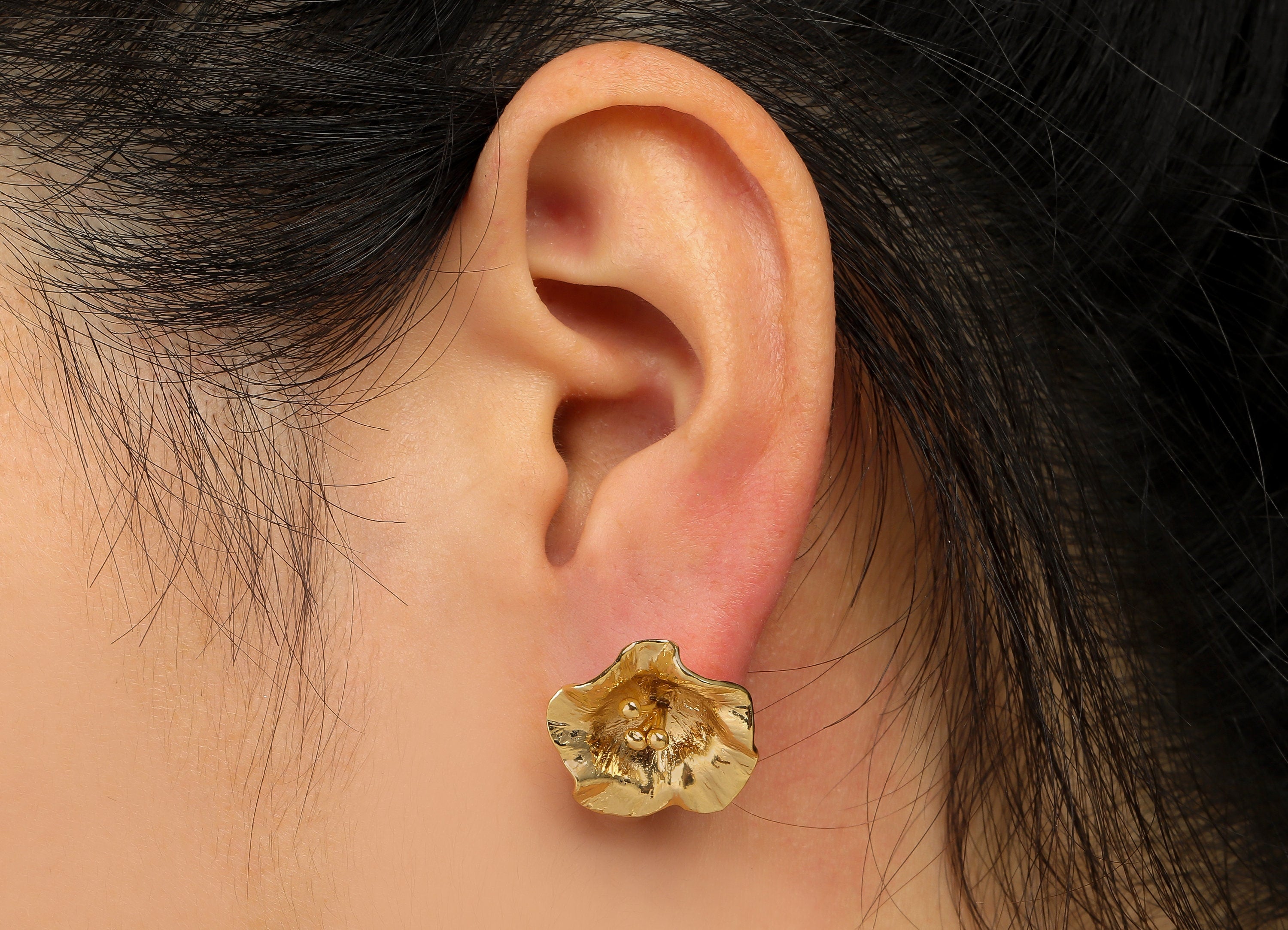 Brass Water lily Earring Stud With Loop - Gold Flower Earring Post - 18K Real Gold Plated Brass - Surgical Stud - 17.88x17.9x1.1mm - RGP2536 - DOMEDBAZAAR