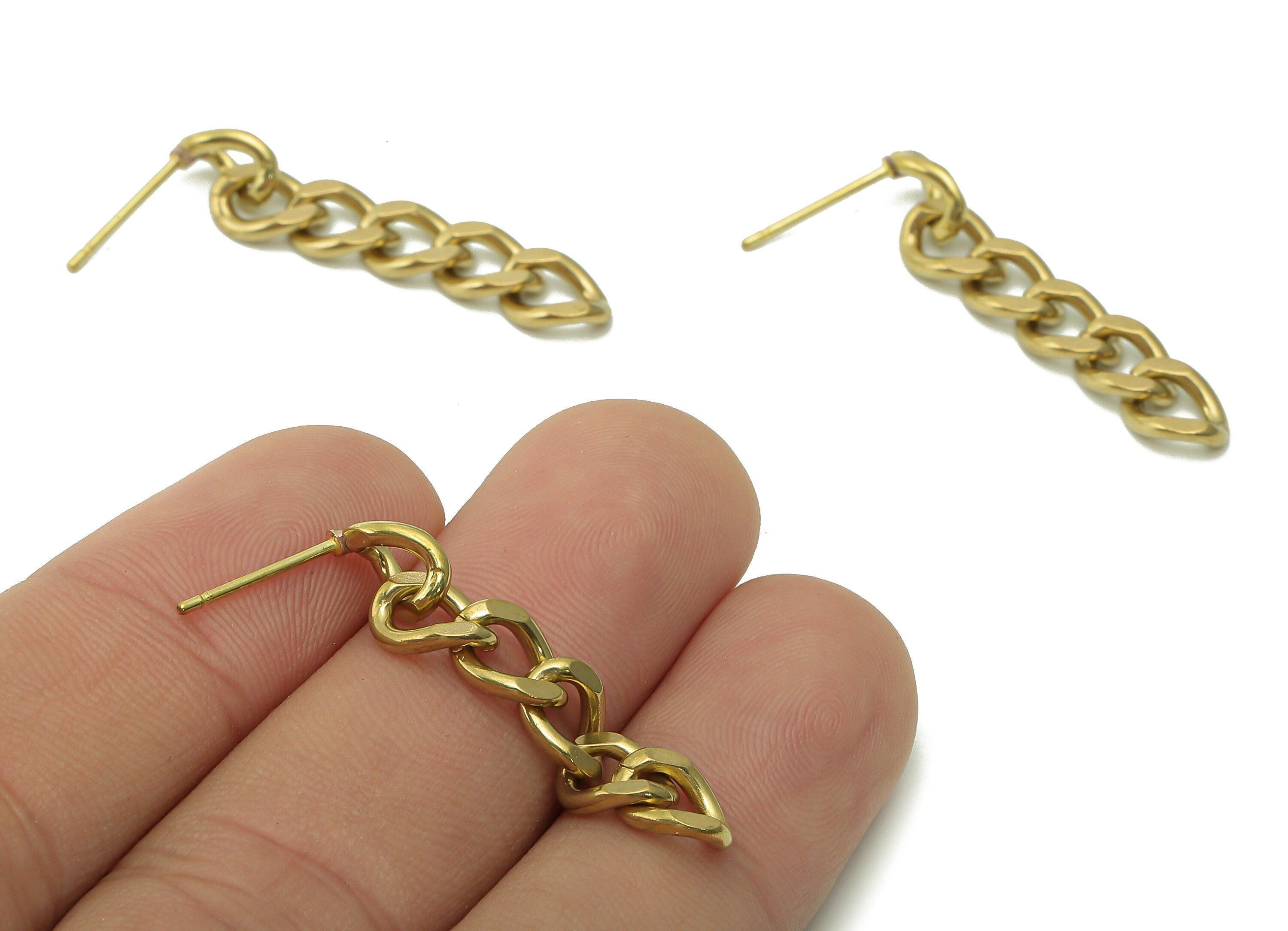 Brass Faceted Chain Earring Stud - Raw Brass Curb Chain Earring Post - Faceted Chain Stud Earring - Silver Needle - 35.3x6.4x1.5mm - PP7996 - DOMEDBAZAAR