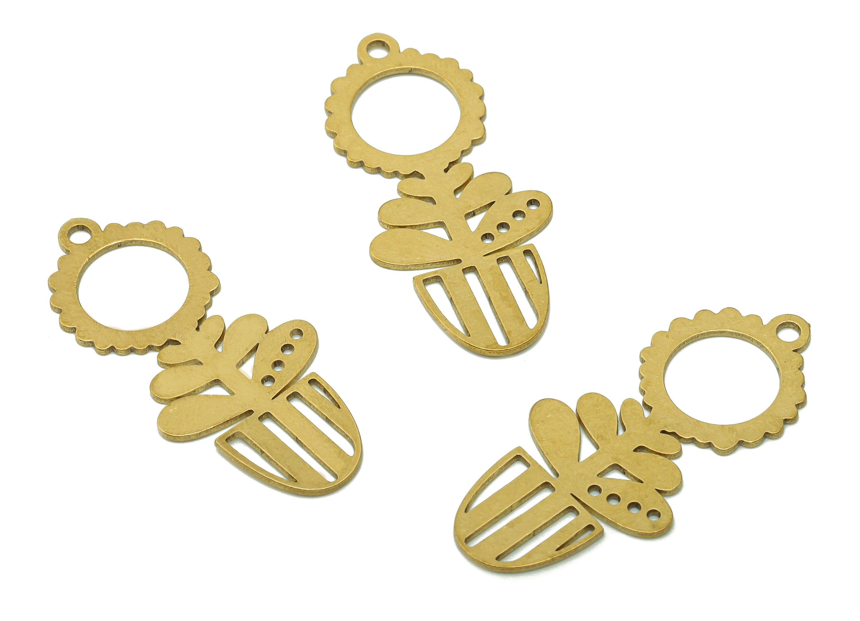 Brass Flower Pot Earring Charm - Raw Brass Pot Earring - Botanical Pendant With Loop - Flower Charm For Necklace - 37.9x16.9x0.8mm - PPA5533 - DOMEDBAZAAR
