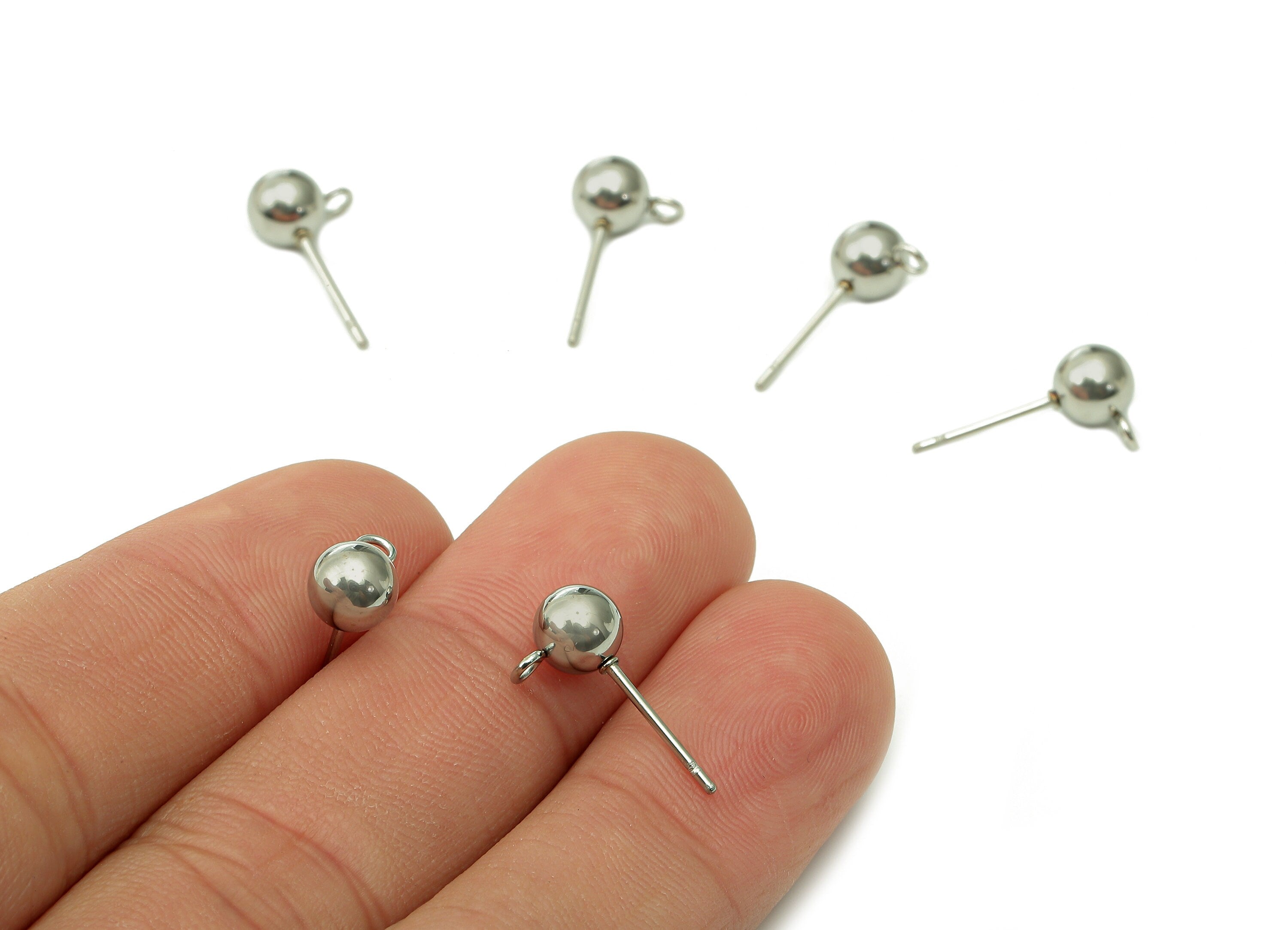 Steel Ball Earring Stud - Silver Earring Post With Loop - Ball Stud Earring Charm - 316 Stainless Steel - 17x6x0.73mm - SS1407-6 - DOMEDBAZAAR