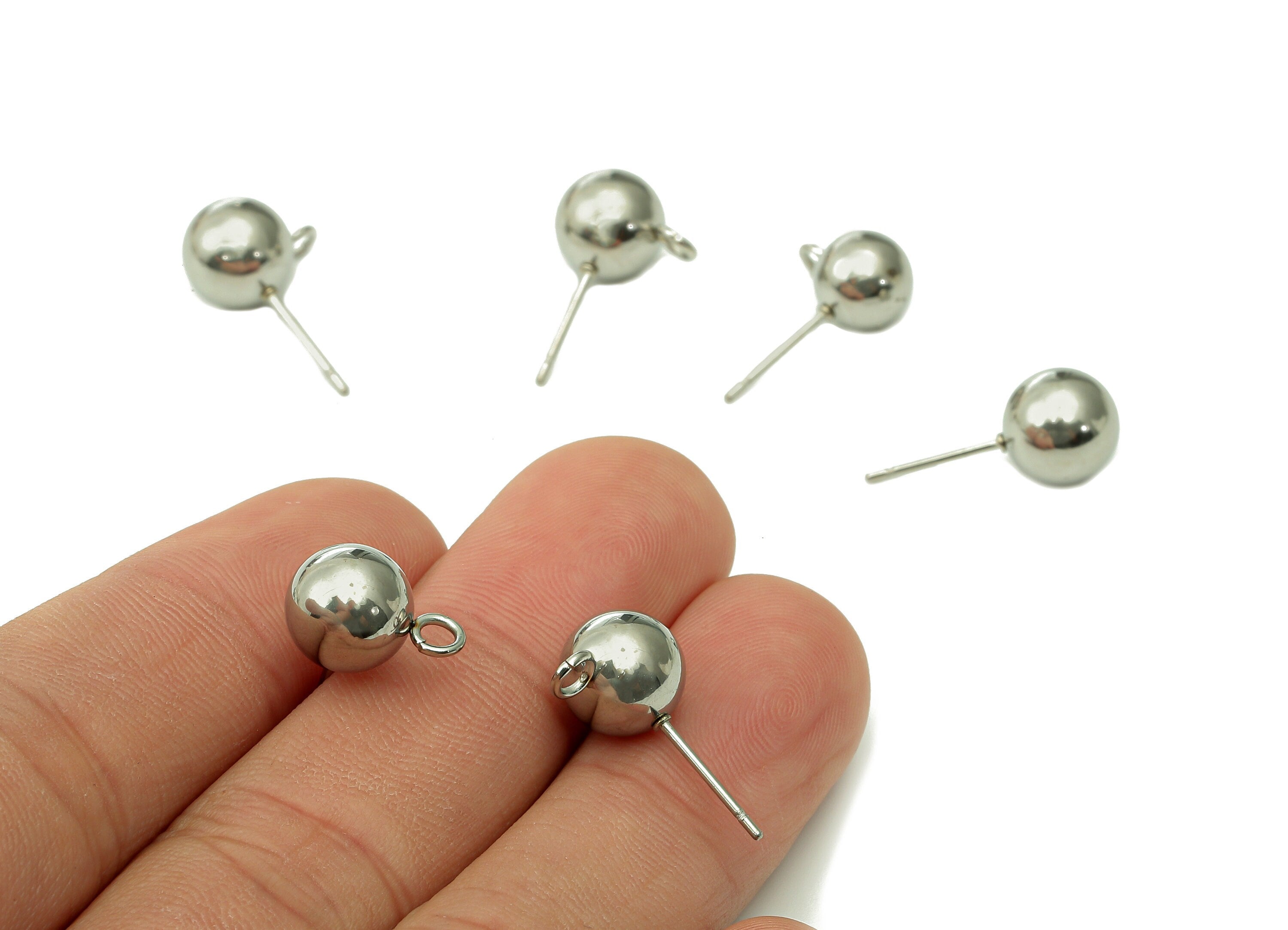 Steel Ball Earring Stud - Silver Earring Post With Loop - Ball Stud Earring Charm - 316 Stainless Steel - 19.97x8.96x0.73mm - SS1407-9 - DOMEDBAZAAR