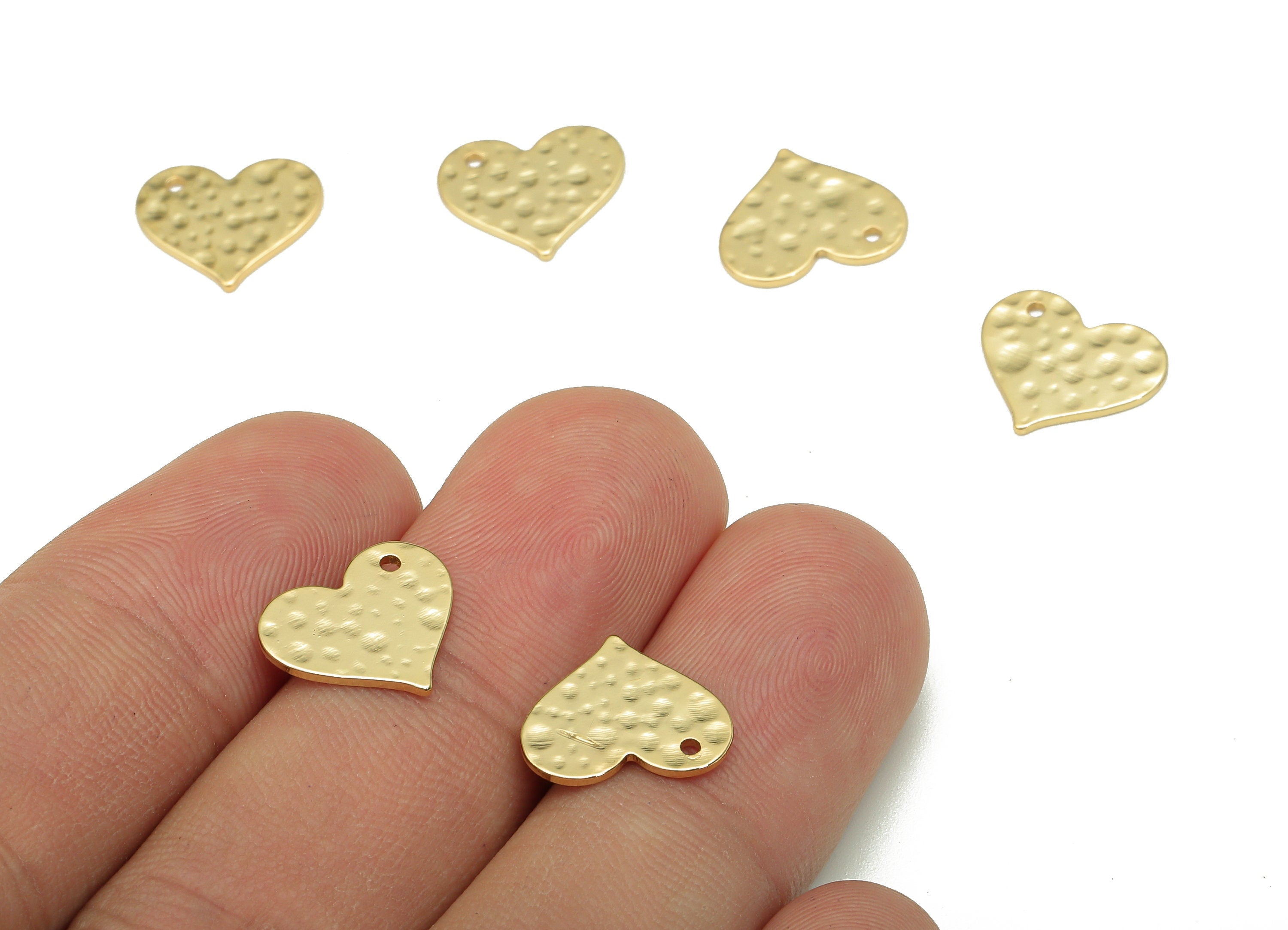 Brass Mini Heart Earring Charms - Gold Small Heart Pendant - Hammered Heart Charm - 18K Real Gold Plated Brass - 12.73x11.1x0.8mm - RGP5244 - DOMEDBAZAAR