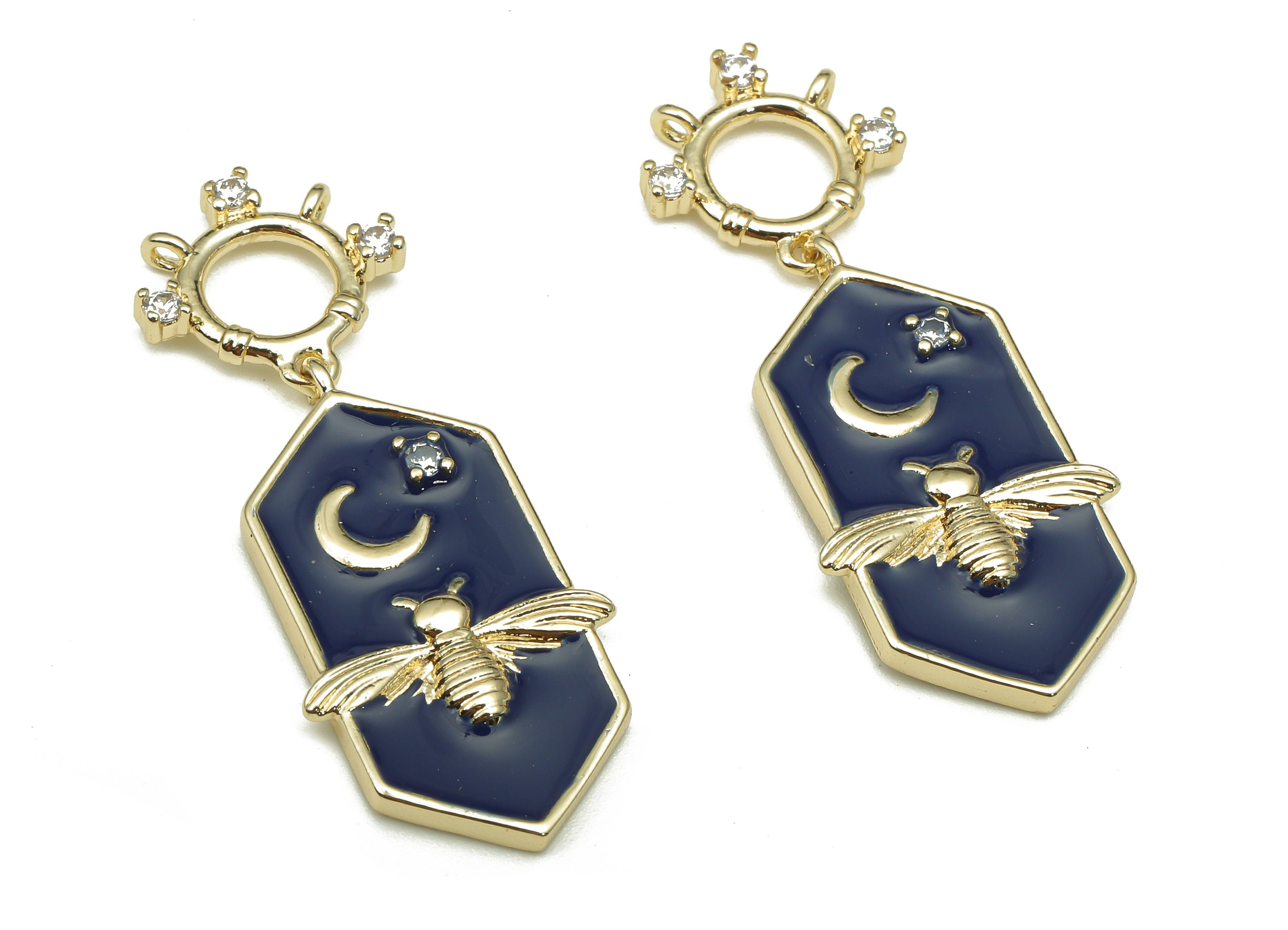 Brass Bee Hexagon Enamel Charm - Moon Circle Earring With Zircon - Round Pendant With Loop - 18K Real Gold Plating - 37.7x14.5x1.9mm-RGP5247 - DOMEDBAZAAR