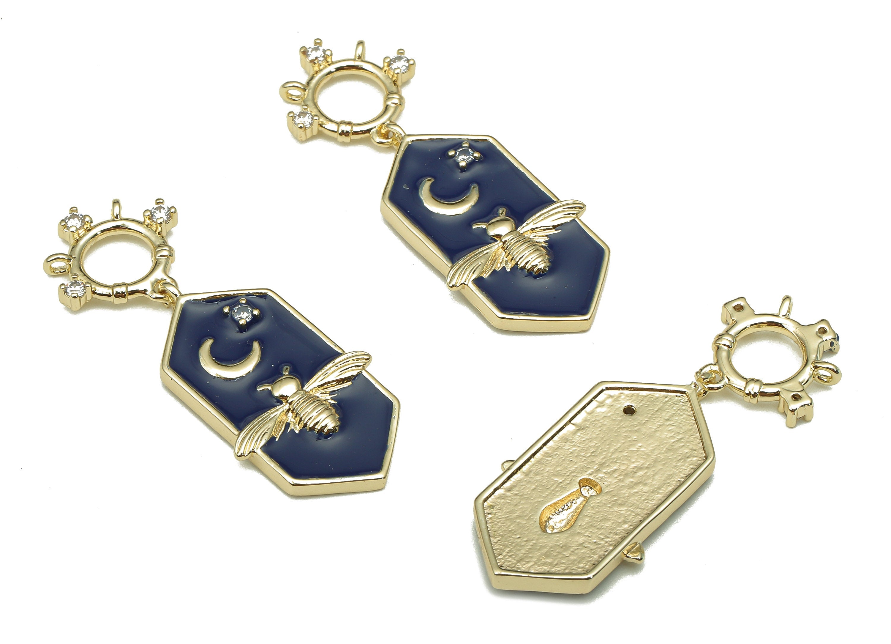 Brass Bee Hexagon Enamel Charm - Moon Circle Earring With Zircon - Round Pendant With Loop - 18K Real Gold Plating - 37.7x14.5x1.9mm-RGP5247 - DOMEDBAZAAR