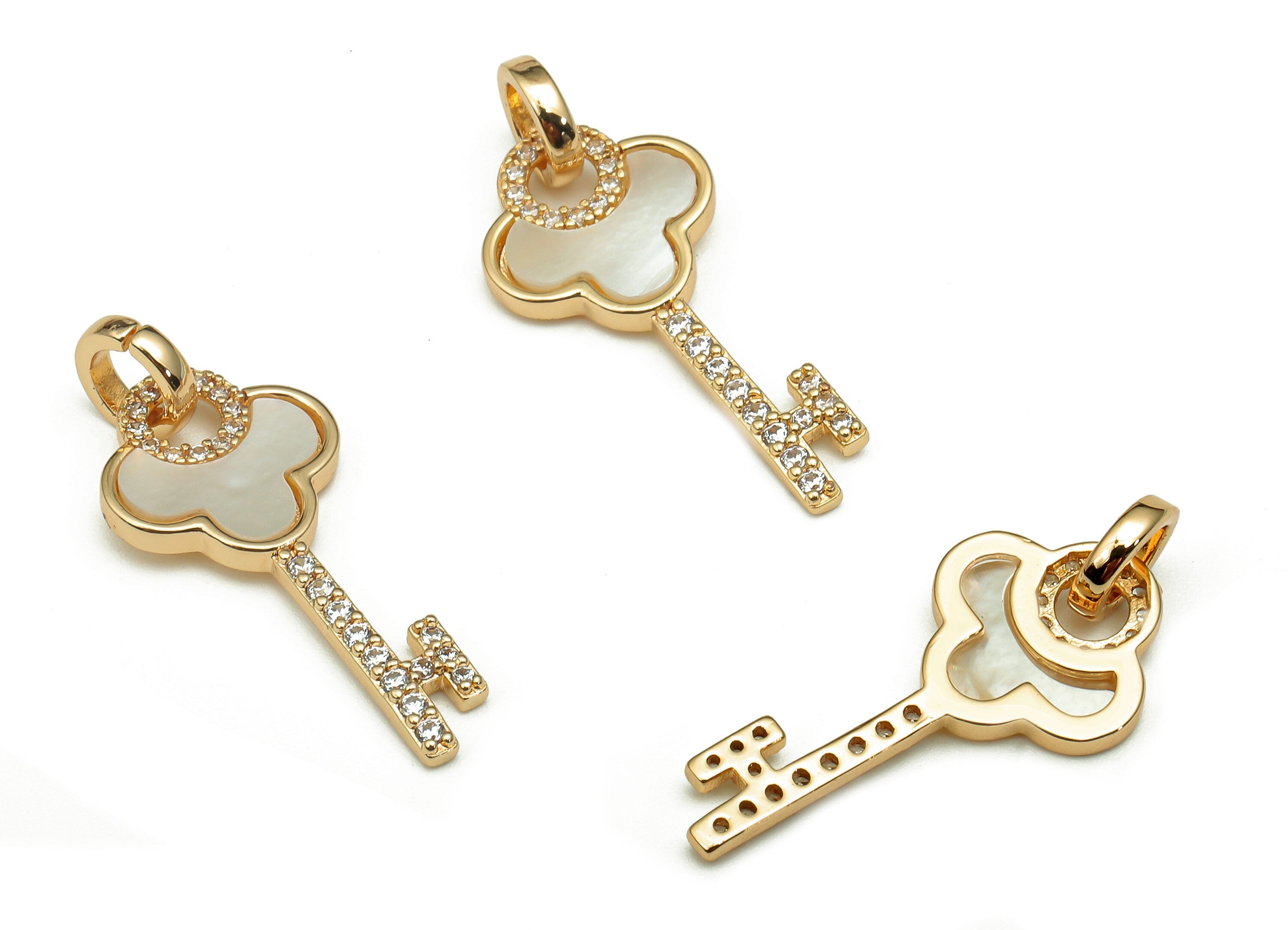 Brass Key Shell Charm - Zircon Paved Cloud Key Pendant - For Necklace - For Bracelet - 18K Real Gold Plating - 26.9x11.5x1.6mm - RGP5248 - DOMEDBAZAAR