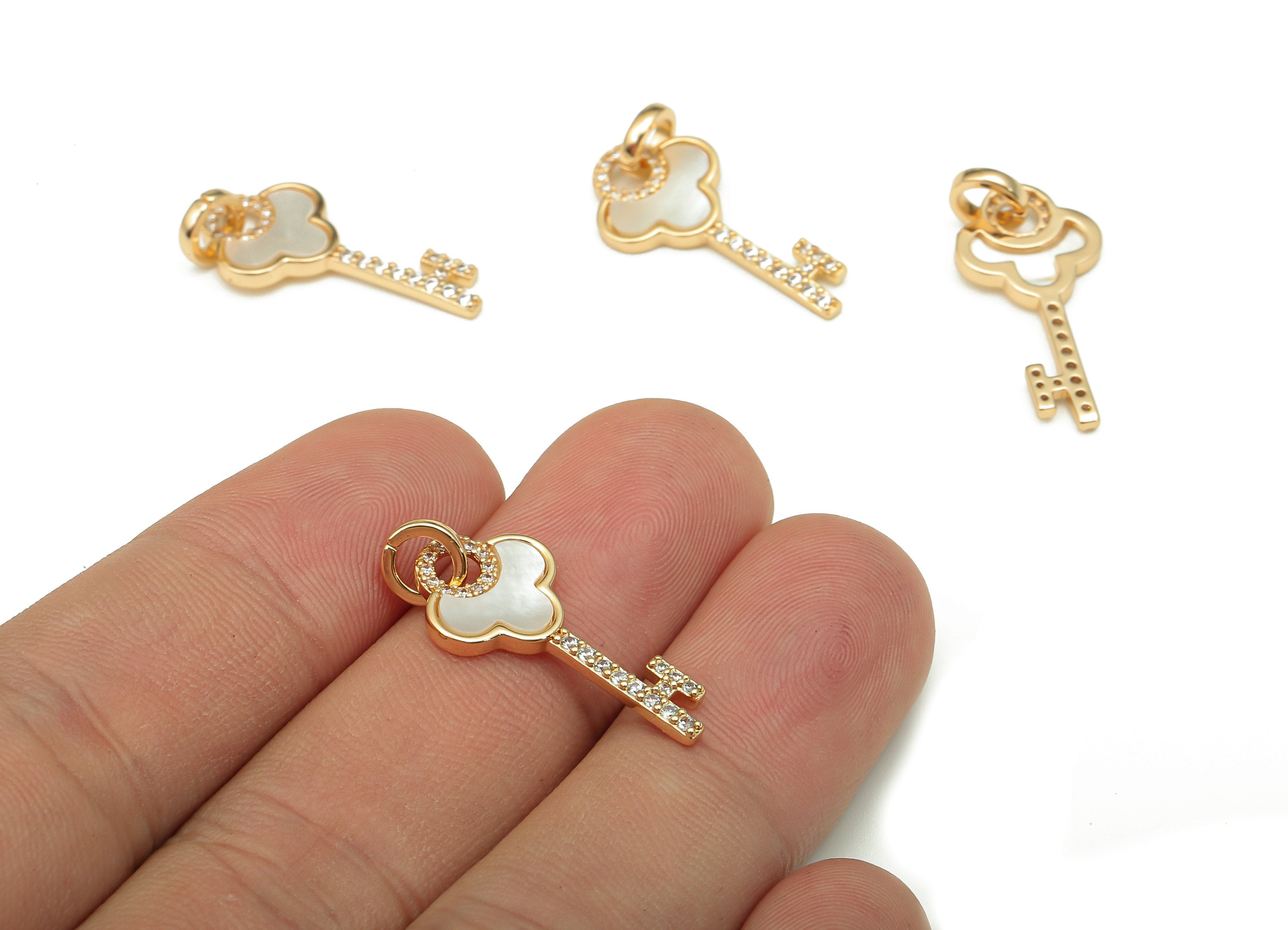 Brass Key Shell Charm - Zircon Paved Cloud Key Pendant - For Necklace - For Bracelet - 18K Real Gold Plating - 26.9x11.5x1.6mm - RGP5248 - DOMEDBAZAAR