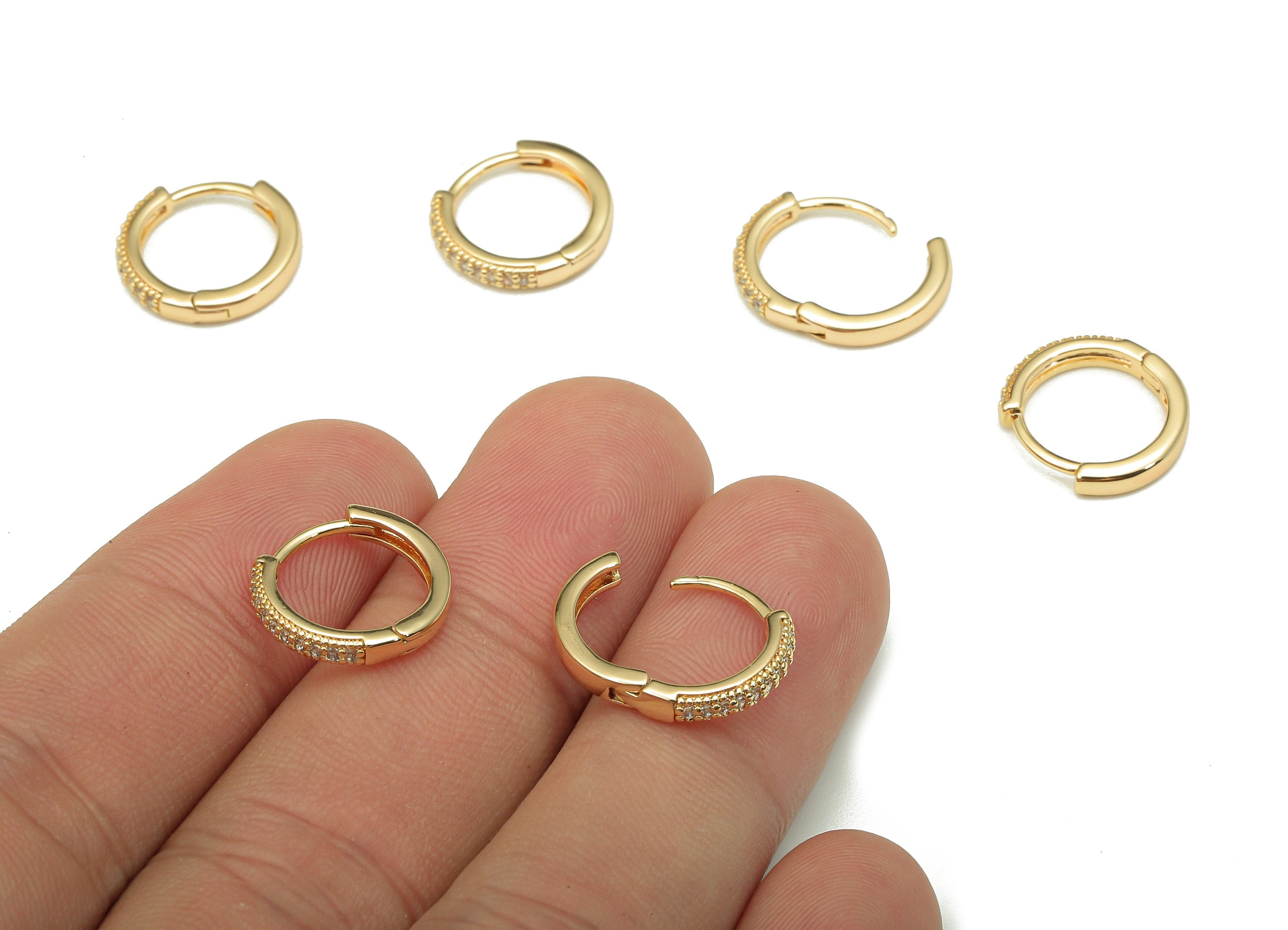 Brass Round Huggie Earring Clasp - Gold Huggie Hoop Earring - Circle Hoop With Zircons - 18K Real Gold Plating - 14.3x14.3x2.4mm - RGP5249 - DOMEDBAZAAR