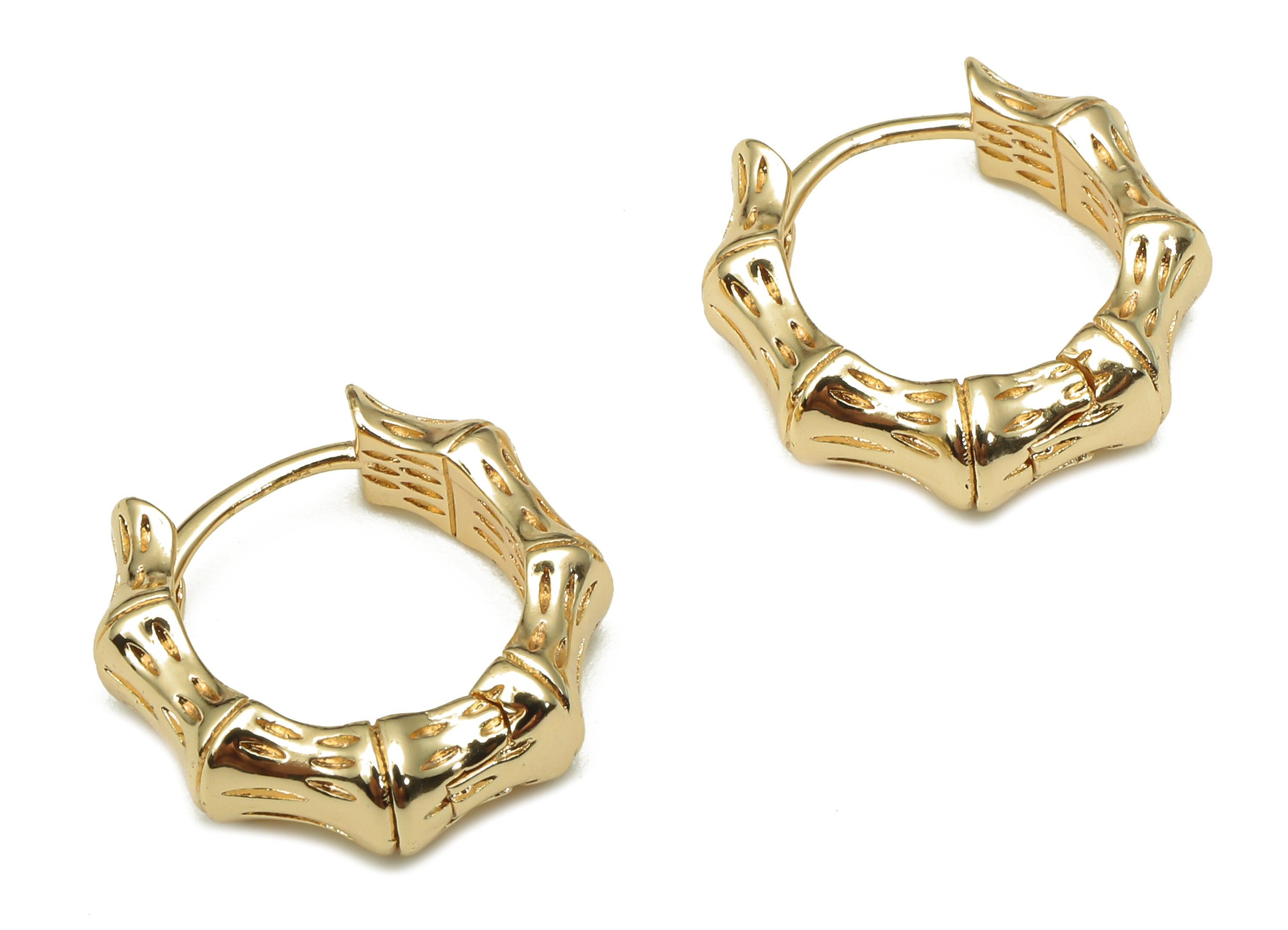 Brass Round Bamboo Earring Clasp - Gold Huggie Hoop Earring - Huggie Circle Bamboo Hoop - 18K Real Gold Plating - 14.3x14.3x4.6mm - RGP5253 - DOMEDBAZAAR