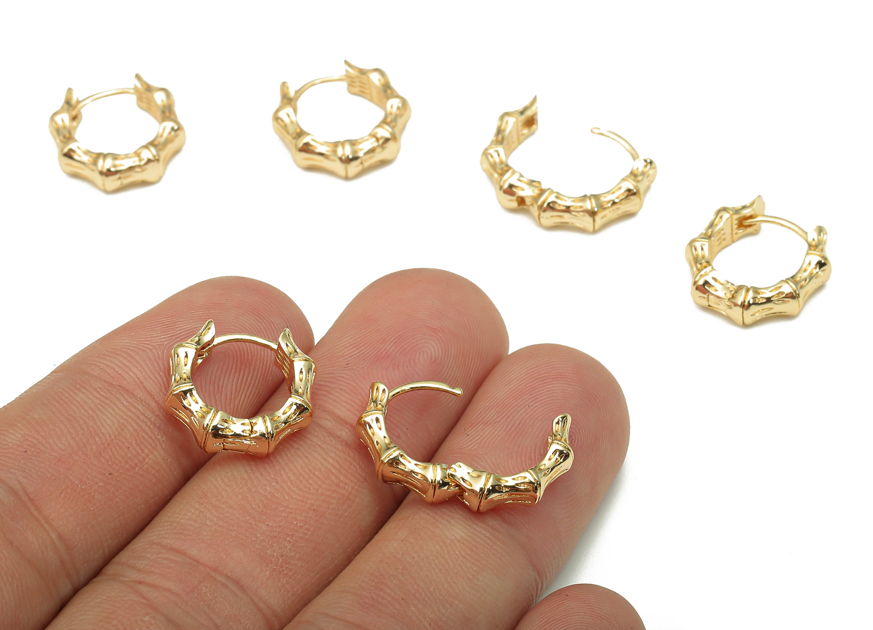 Brass Round Bamboo Earring Clasp - Gold Huggie Hoop Earring - Huggie Circle Bamboo Hoop - 18K Real Gold Plating - 14.3x14.3x4.6mm - RGP5253 - DOMEDBAZAAR