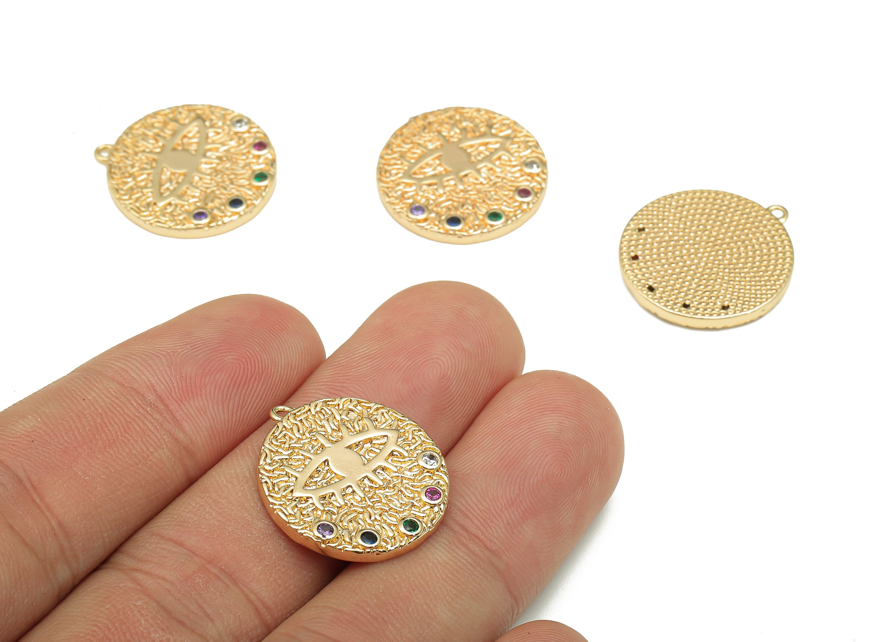 Brass Round Eye Charm - Rainbow Zircon Textured Earring - Circle Pendant With Loop - 18K Real Gold Plating - 21.6x19.6x2.3mm - RGP5263 - DOMEDBAZAAR