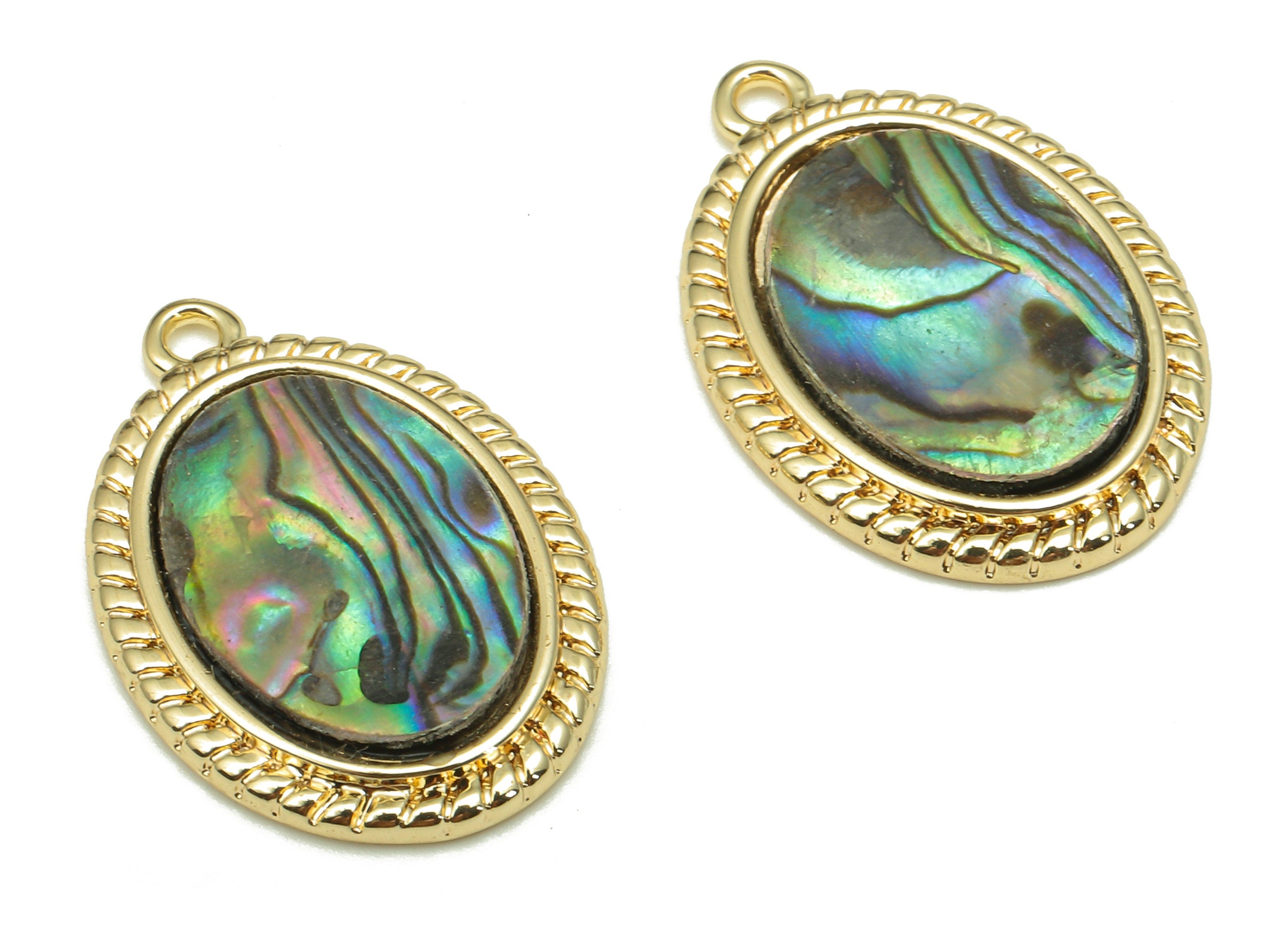 Brass Oval Earring - Abalone Shell Charm - Pendant With Loop - For Necklace - 18K Real Gold Plating - 21.9x15.1x2.6mm - RGP5265 - DOMEDBAZAAR