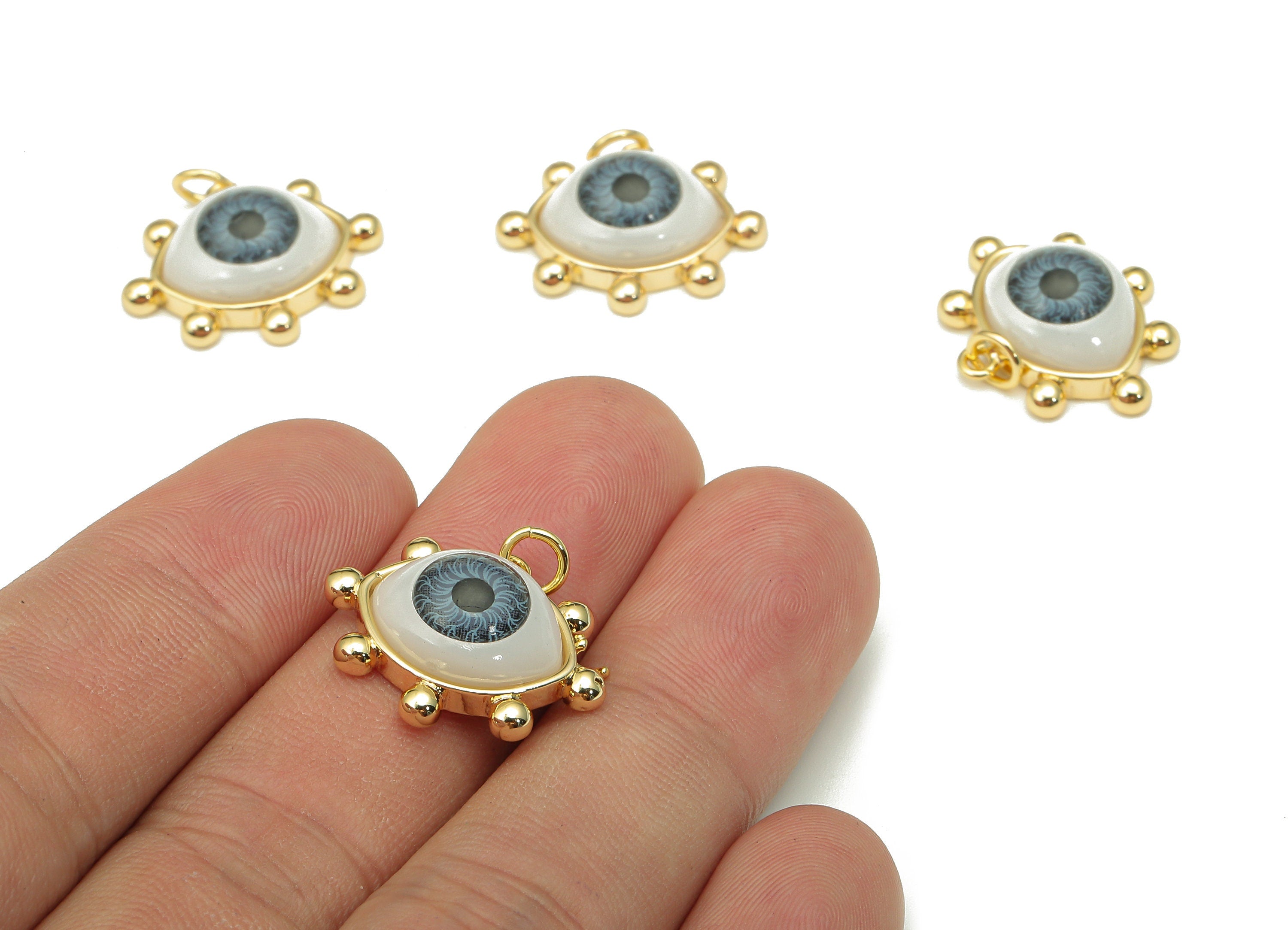 Brass Acrylic Eye Earring Charm - Grey Eyeball Earring For Necklace - Pendant With Loop - 18K Real Gold Plating - 21.1x17.2x7.2mm - RGP5267 - DOMEDBAZAAR