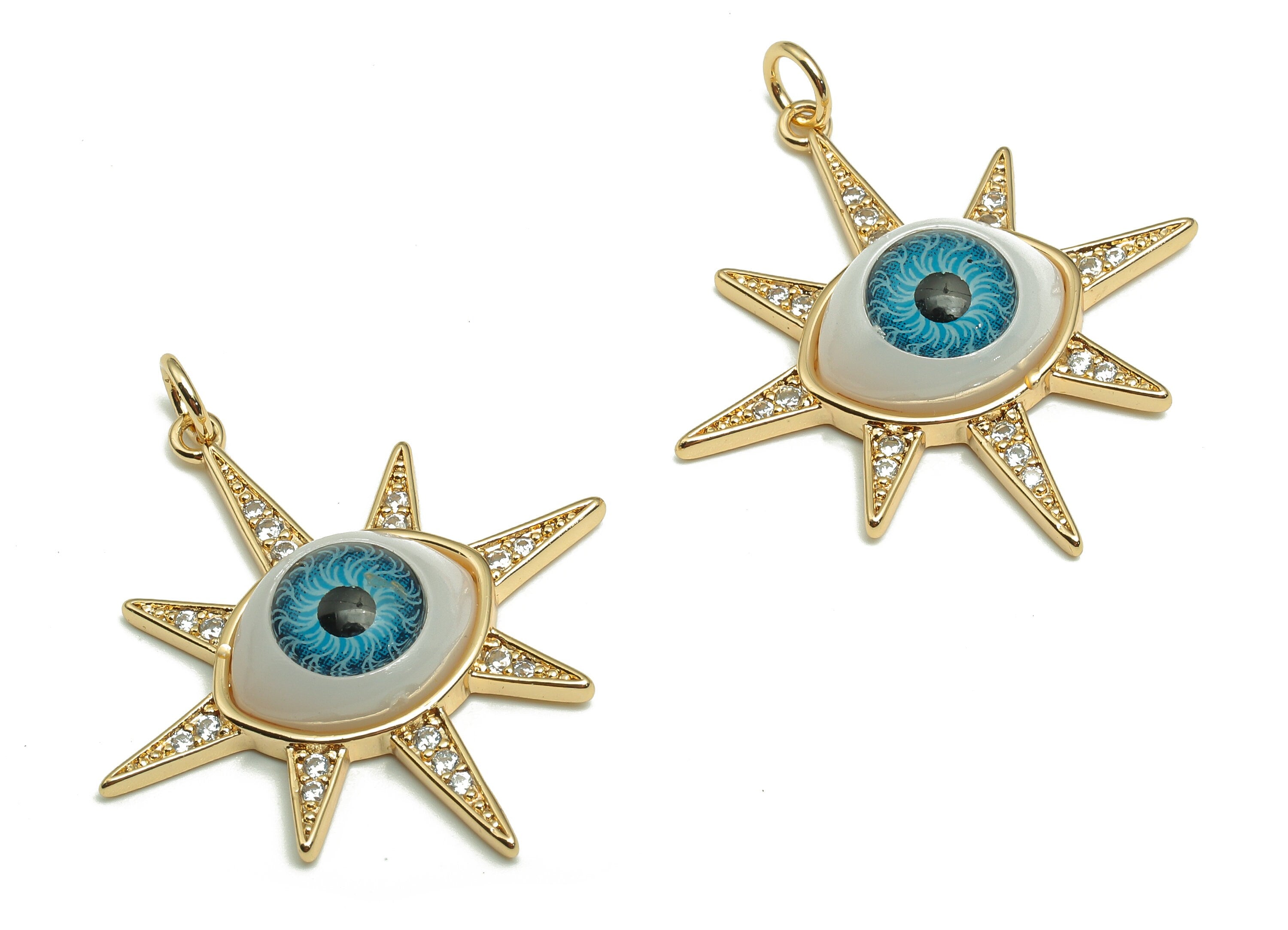 Brass Acrylic Star Eye Charm - Zircon Blue Eyeball Earring - Eyelash Pendant With Loop - 18K Real Gold Plating - 35.7x30.7x7.1mm - RGP5269 - DOMEDBAZAAR