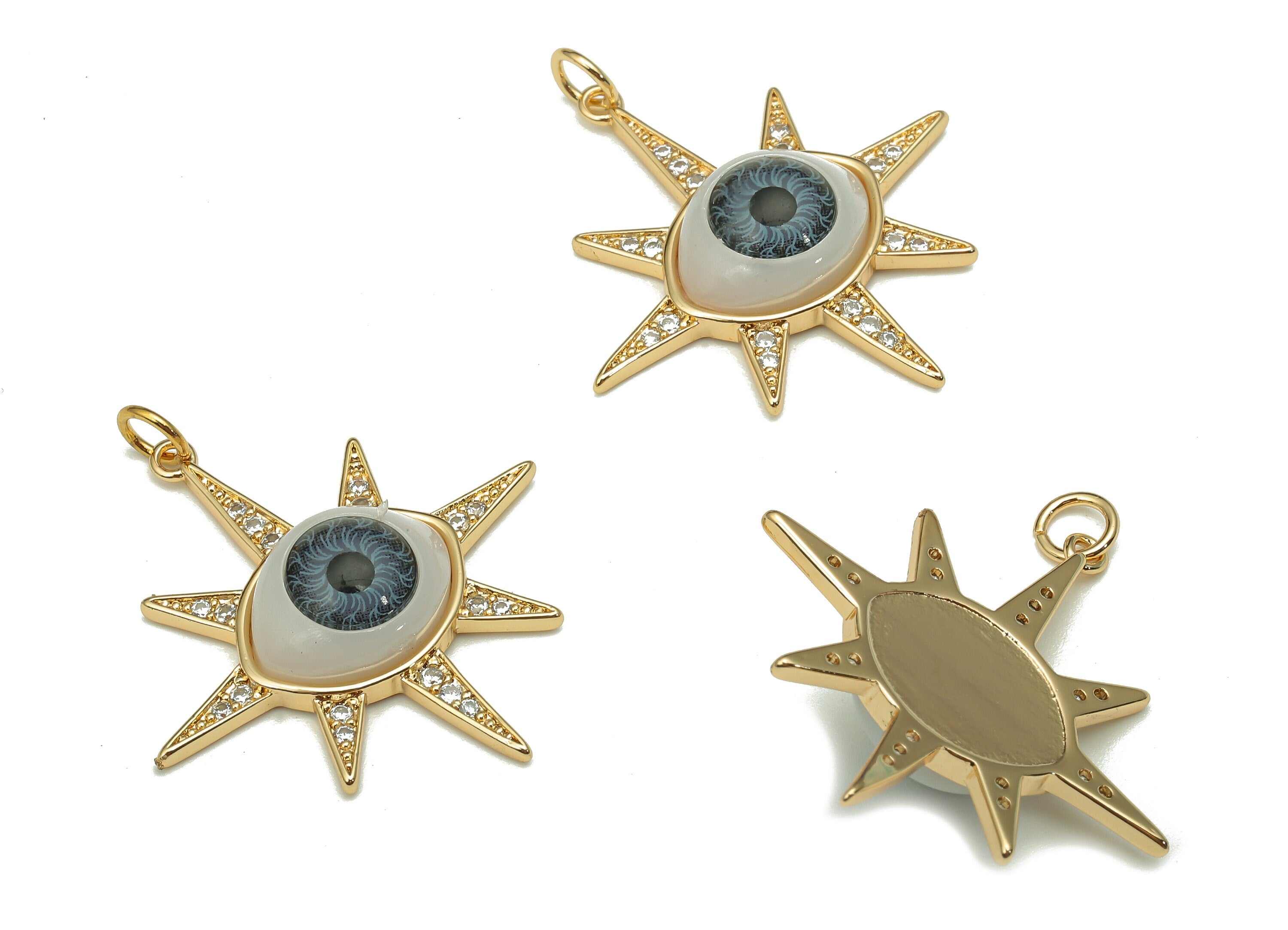 Brass Acrylic Star Eye Charm - Zircon Grey Eyeball Earring - Eyelash Pendant With Loop - 18K Real Gold Plating - 35.7x30.7x7.1mm - RGP5270 - DOMEDBAZAAR