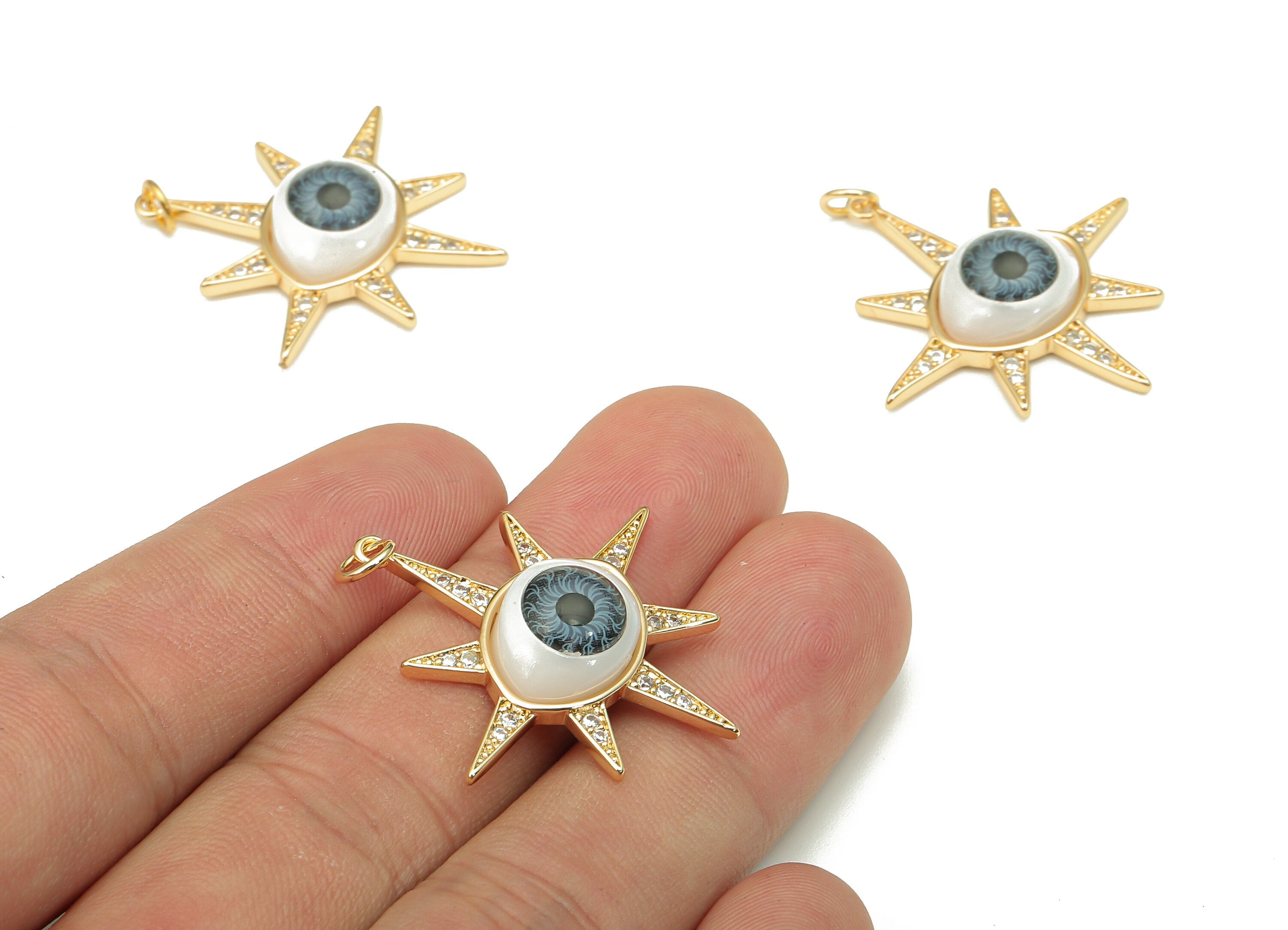 Brass Acrylic Star Eye Charm - Zircon Grey Eyeball Earring - Eyelash Pendant With Loop - 18K Real Gold Plating - 35.7x30.7x7.1mm - RGP5270 - DOMEDBAZAAR