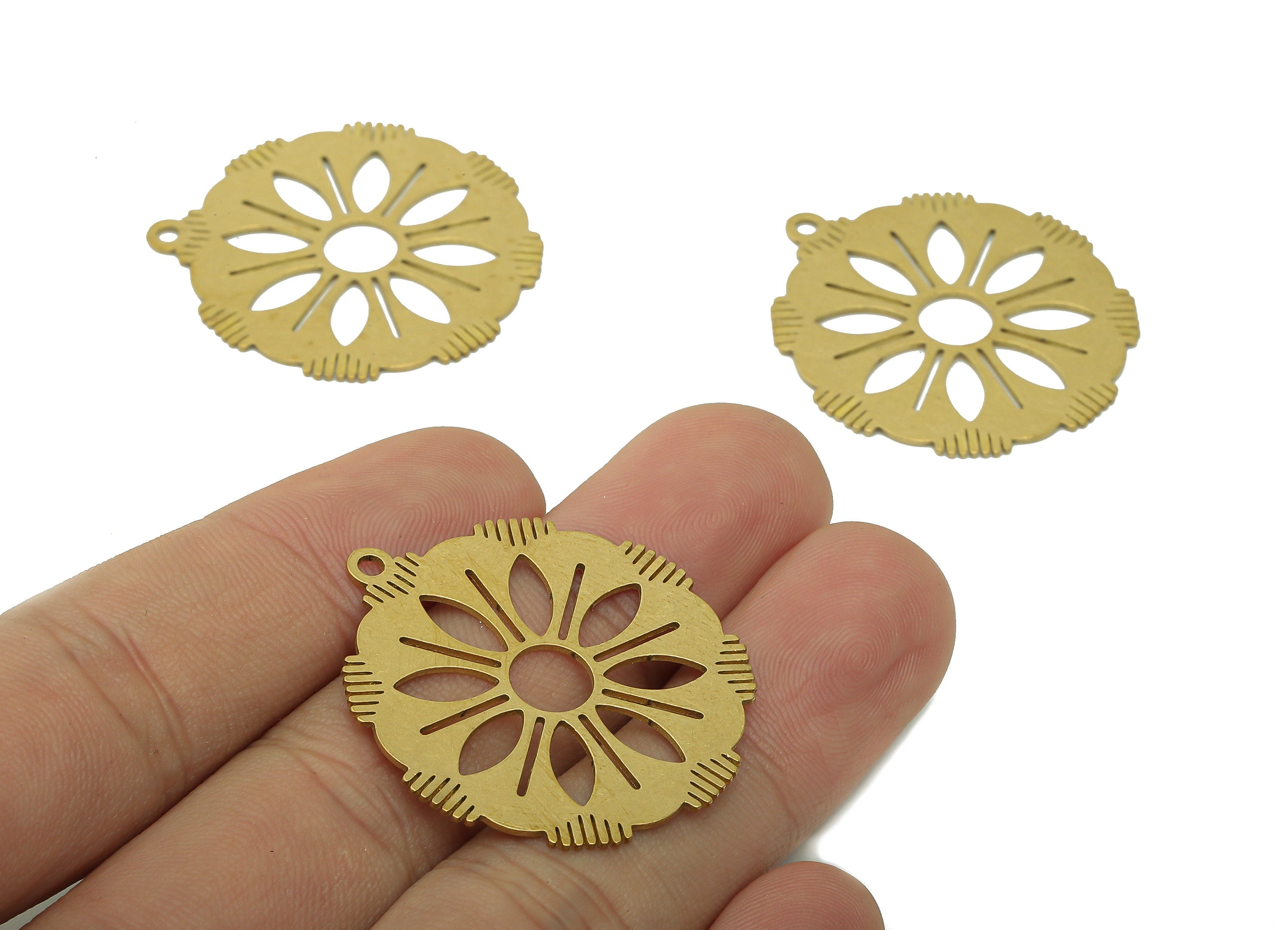 Brass Flower Earring Charms - Raw Brass Hollow Flower Earring - Pendant With Loop - Botanical Charm For Necklace - 35x32.2x0.7mm - PPA5774 - DOMEDBAZAAR
