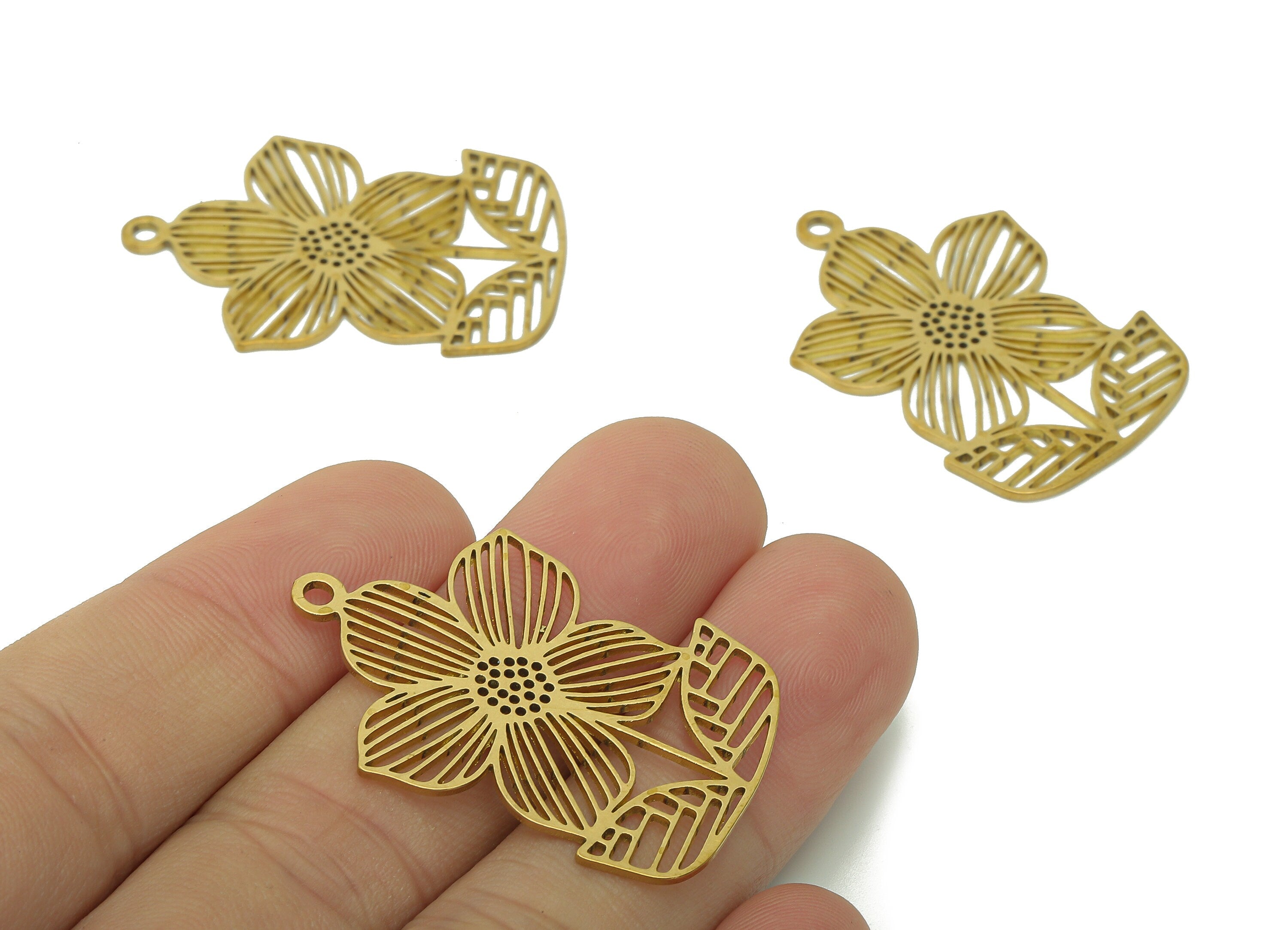 Brass Flower Earring Charms - Raw Brass Hollow Leaf Earring - Pendant With Loop - Botanical Charm For Necklace - 37.9x25.8x0.9mm - PPA5778 - DOMEDBAZAAR