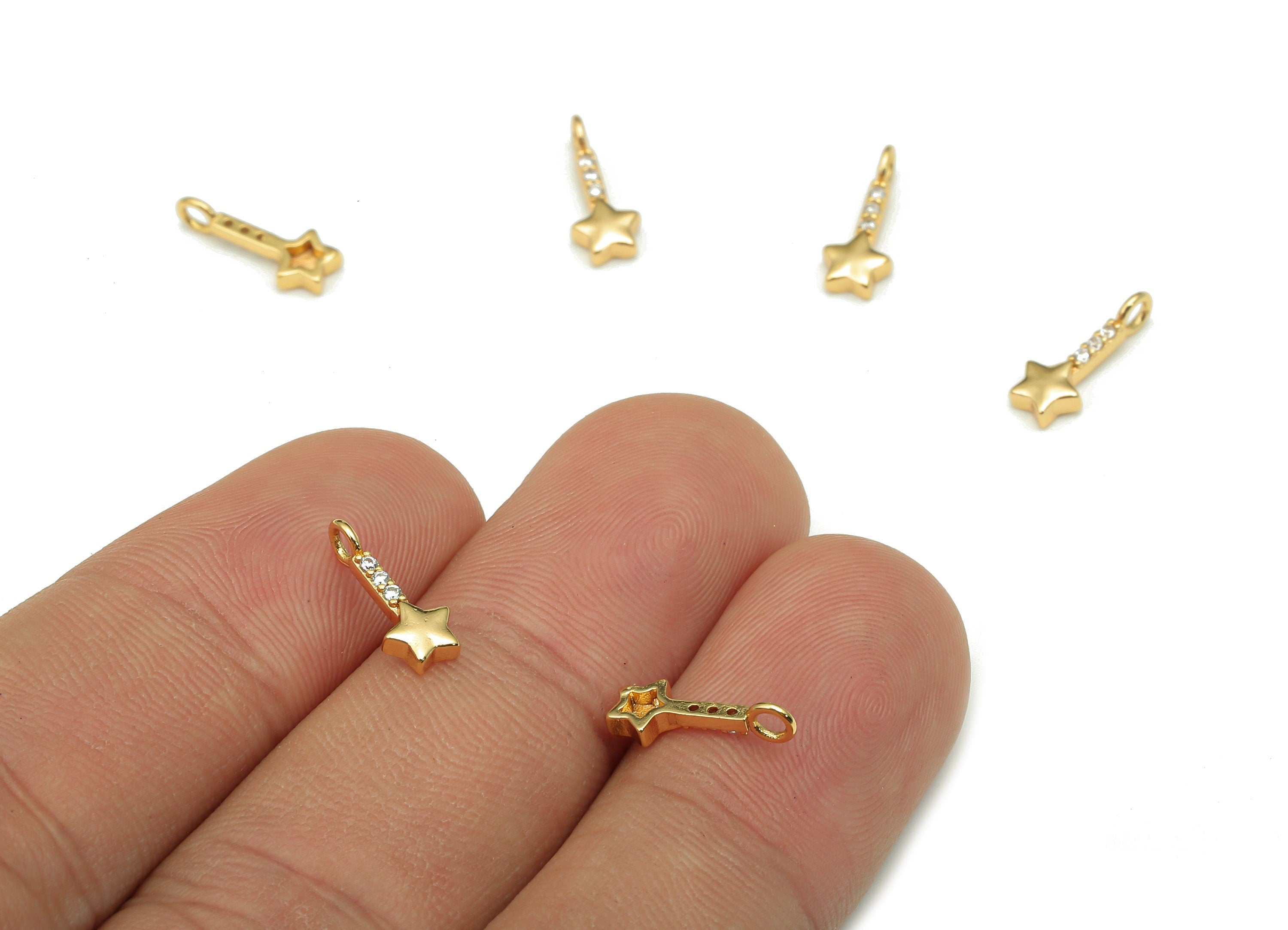 Brass Mini Star Magic Earring - Zircon Star Bar Charm - Long Stick Star Pendant With Loop - 18K Real Gold Plating - 11.9x4.6x1.9mm - RGP5282 - DOMEDBAZAAR