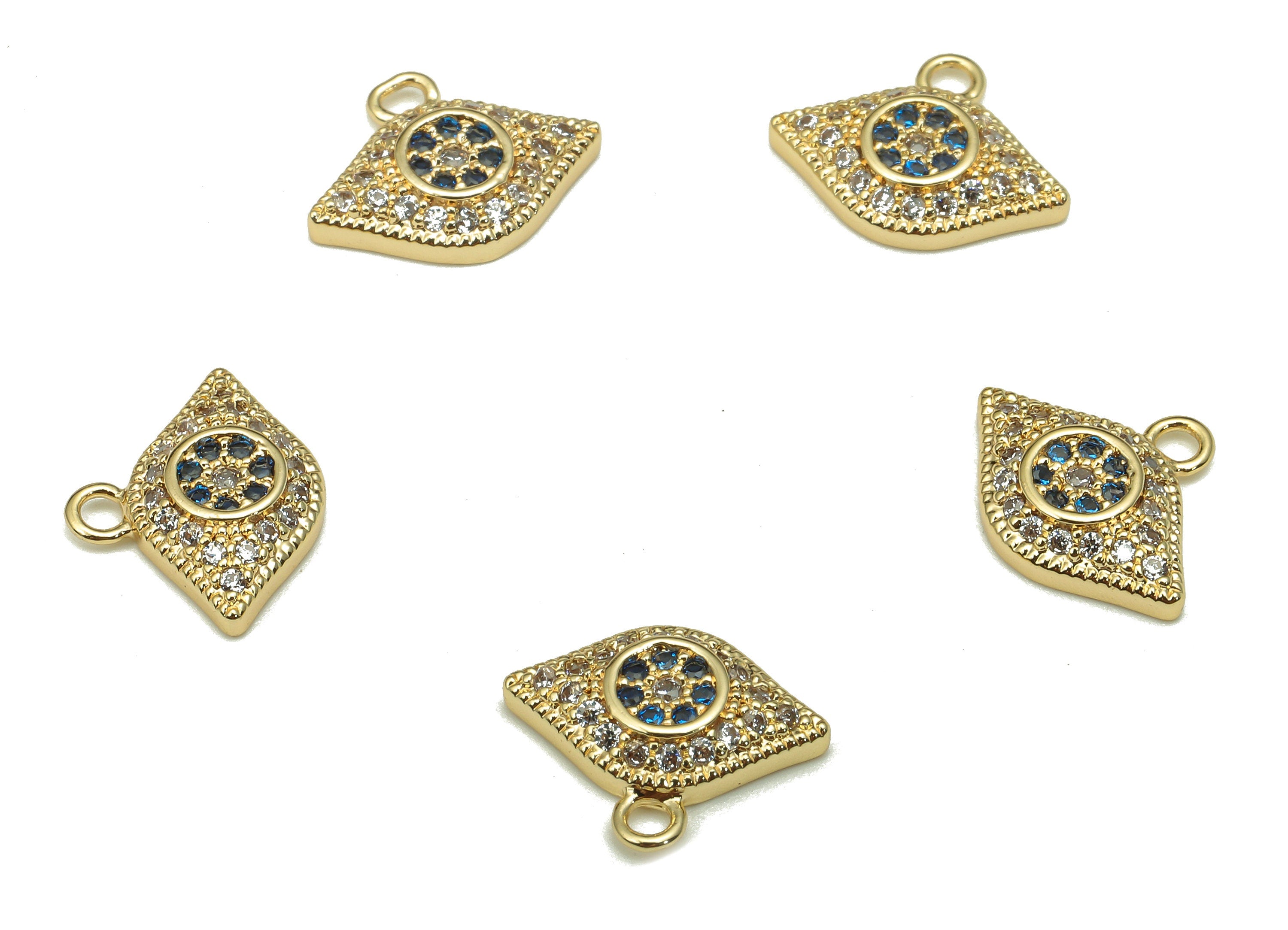 Brass Eye Earring Charm - Zircon Blue Eye Earring - Eye Pendant With Loop - 18K Real Gold Plating Charm - 12.7x10.3x2.2mm - RGP5287 - DOMEDBAZAAR