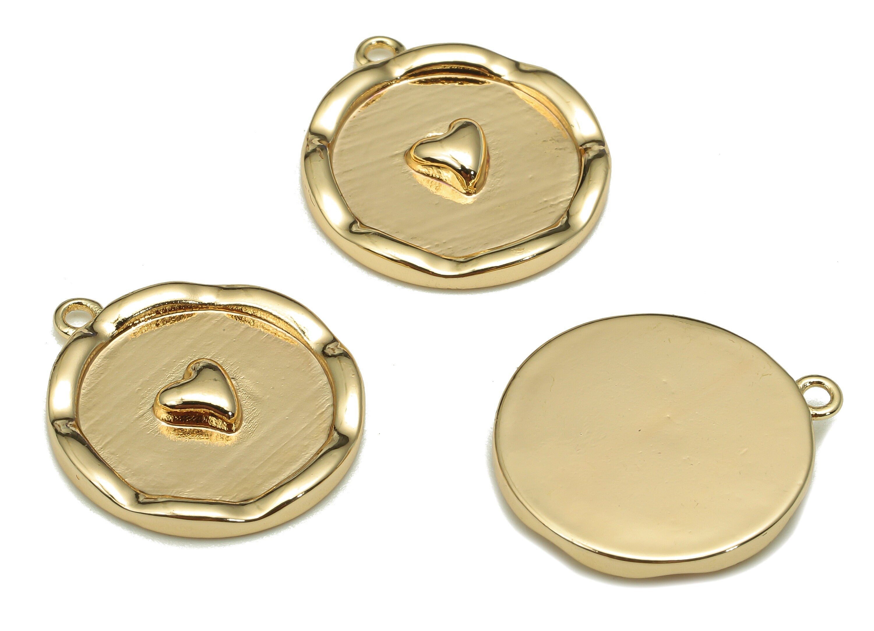 Brass Heart Round Earring Charm - Gold Heart Circle Earring - Round Pendant With Loop - 18K Real Gold Plating - 18.9x16.7x2.5mm - RGP5291 - DOMEDBAZAAR