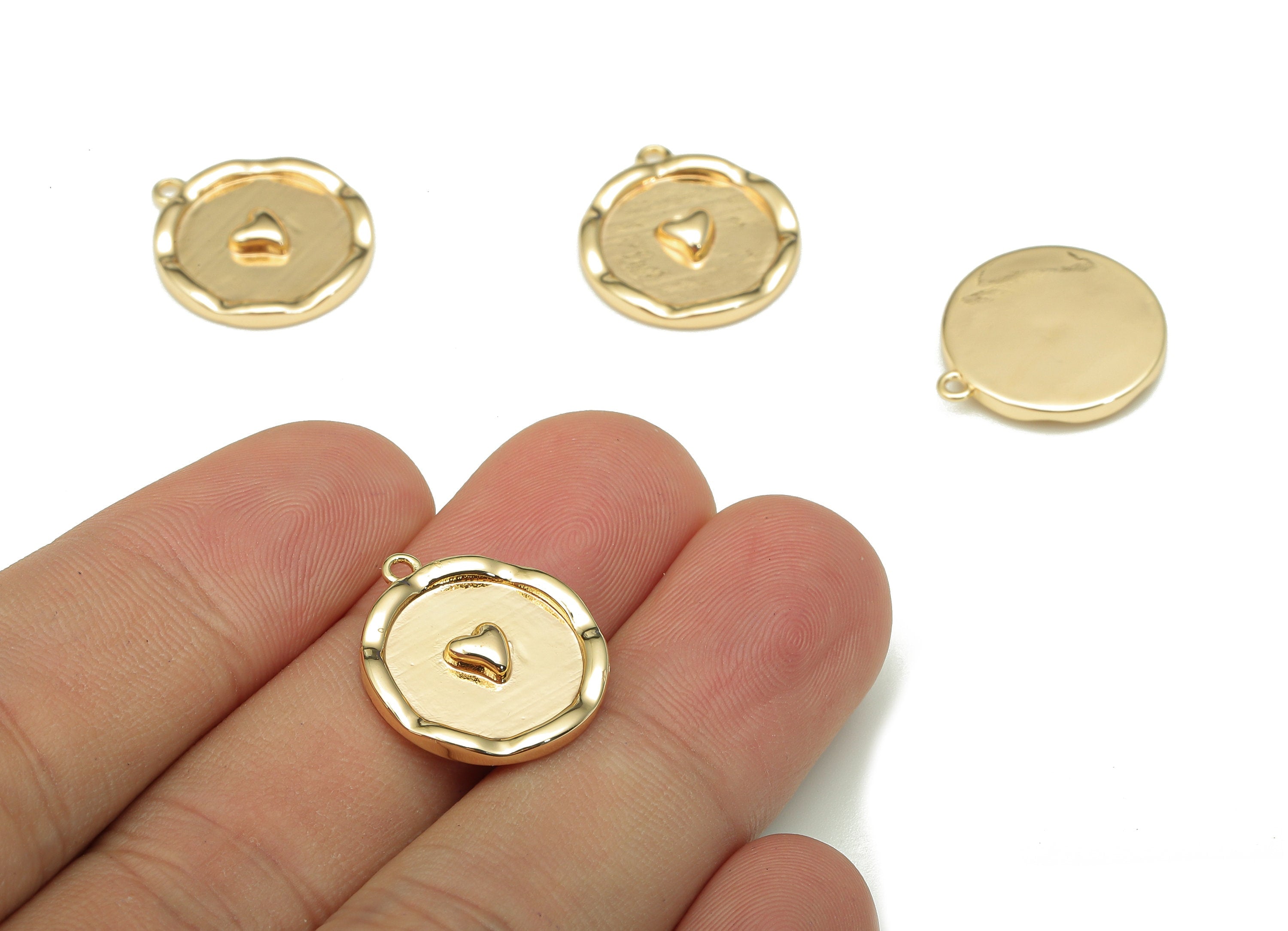 Brass Heart Round Earring Charm - Gold Heart Circle Earring - Round Pendant With Loop - 18K Real Gold Plating - 18.9x16.7x2.5mm - RGP5291 - DOMEDBAZAAR