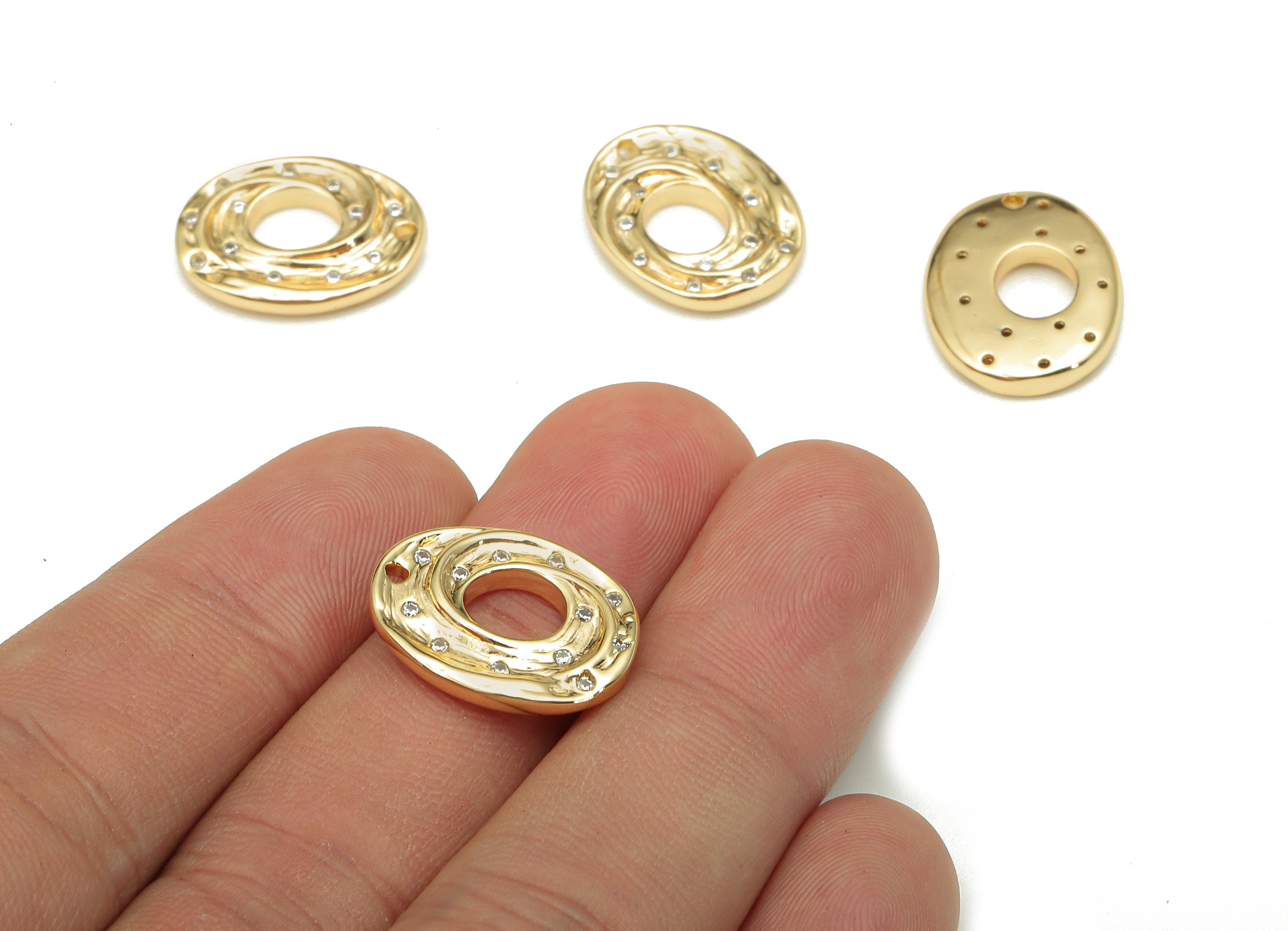 Brass Oval Earring Charms - Zircon Oval Earring - Gold Eddy Pendant - Oval Charm - 18K Real Gold Plating - 18.4x14.2x2.7mm - RGP5294 - DOMEDBAZAAR