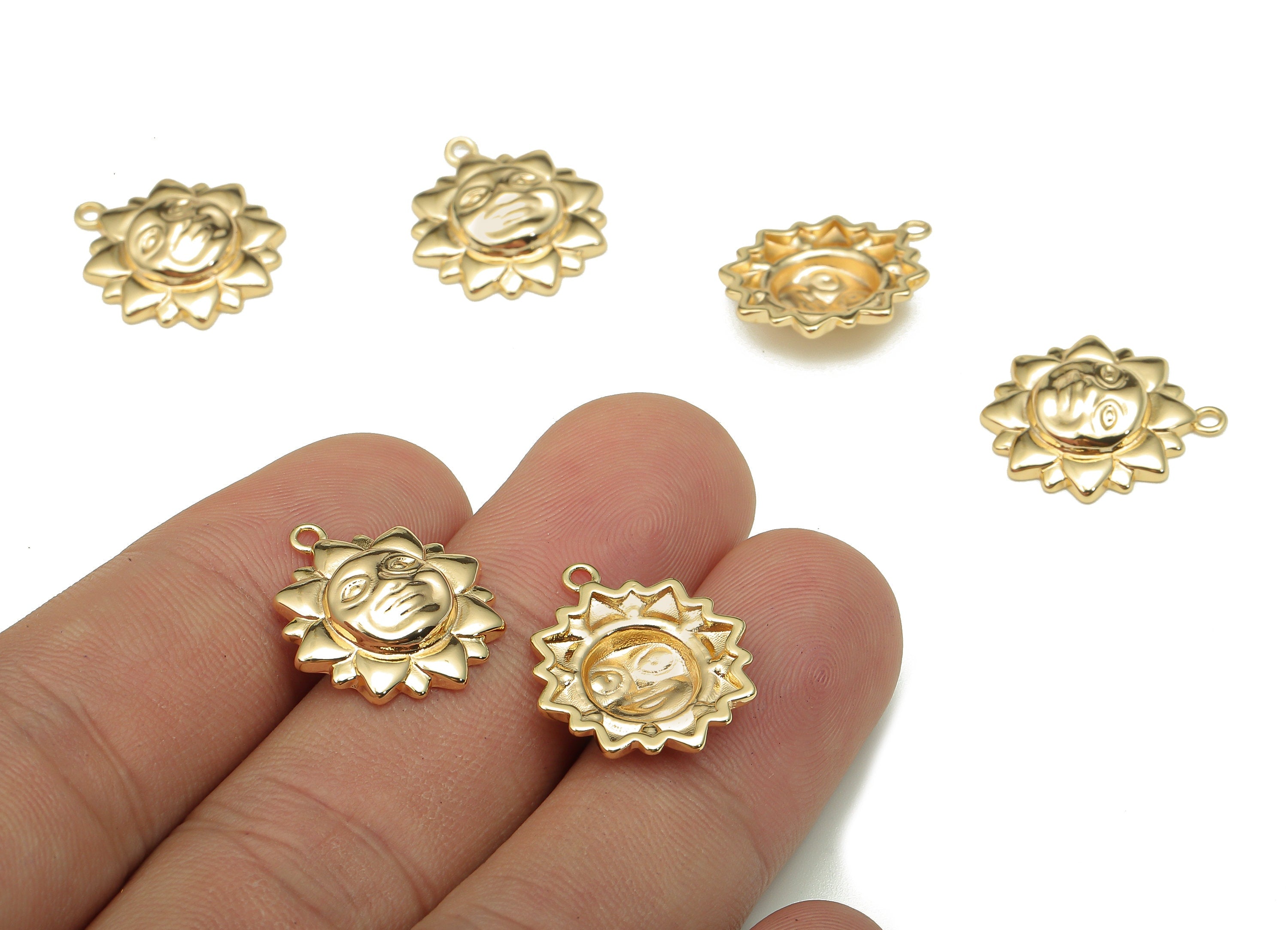 Brass Sun Face Earring Charm - Gold Moon Face Earring - Sun Pendant With Loop - 18K Real Gold Plating - 18.8x15.8x1.8mm - RGP5295 - DOMEDBAZAAR