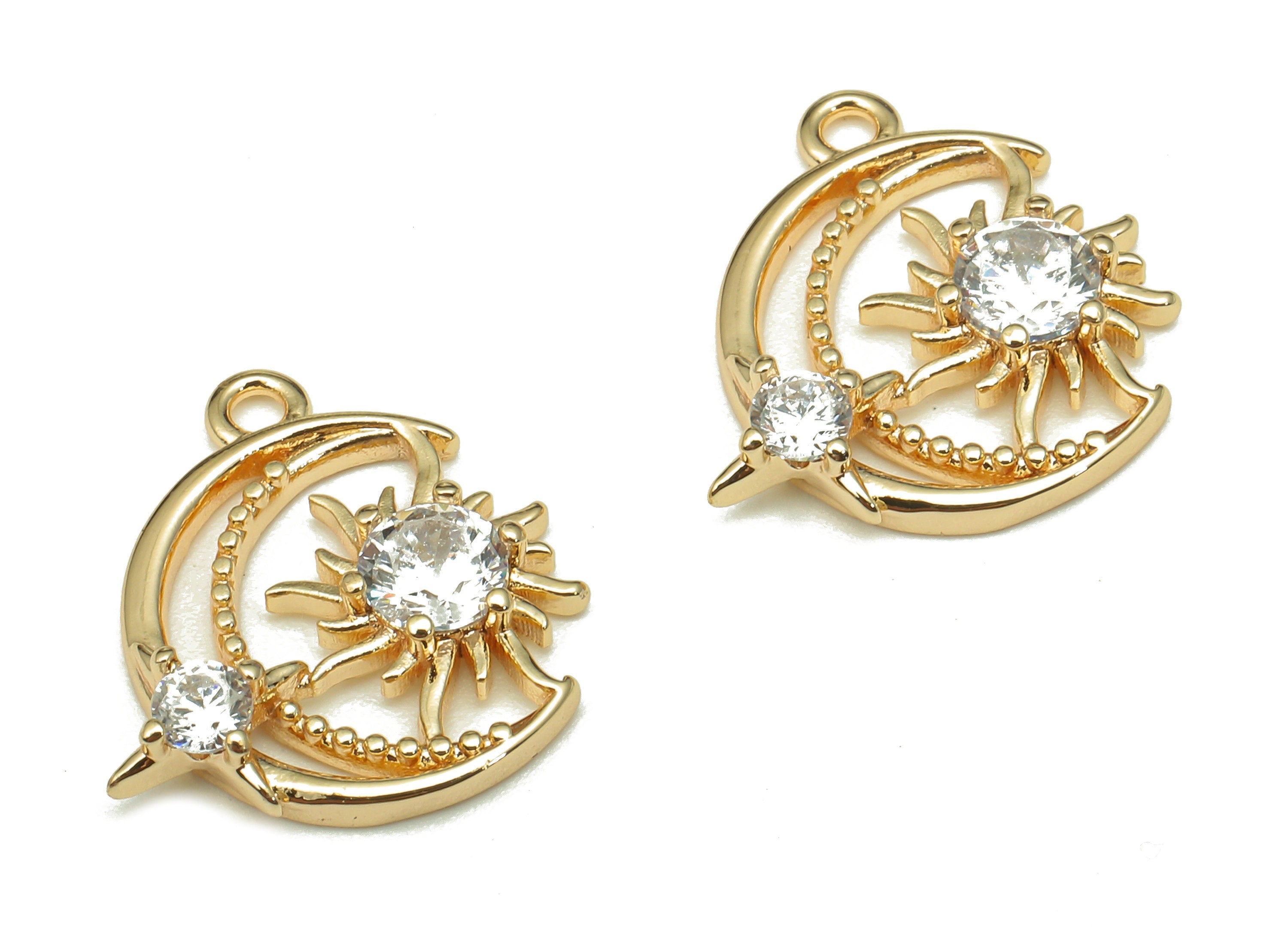 Brass Crescent Earring Charm - Zircon Star Earring - Sun Pendant With Loop - For Necklace - 18K Real Gold Plating - 15.2x14.9x2.5mm -RGP5297 - DOMEDBAZAAR