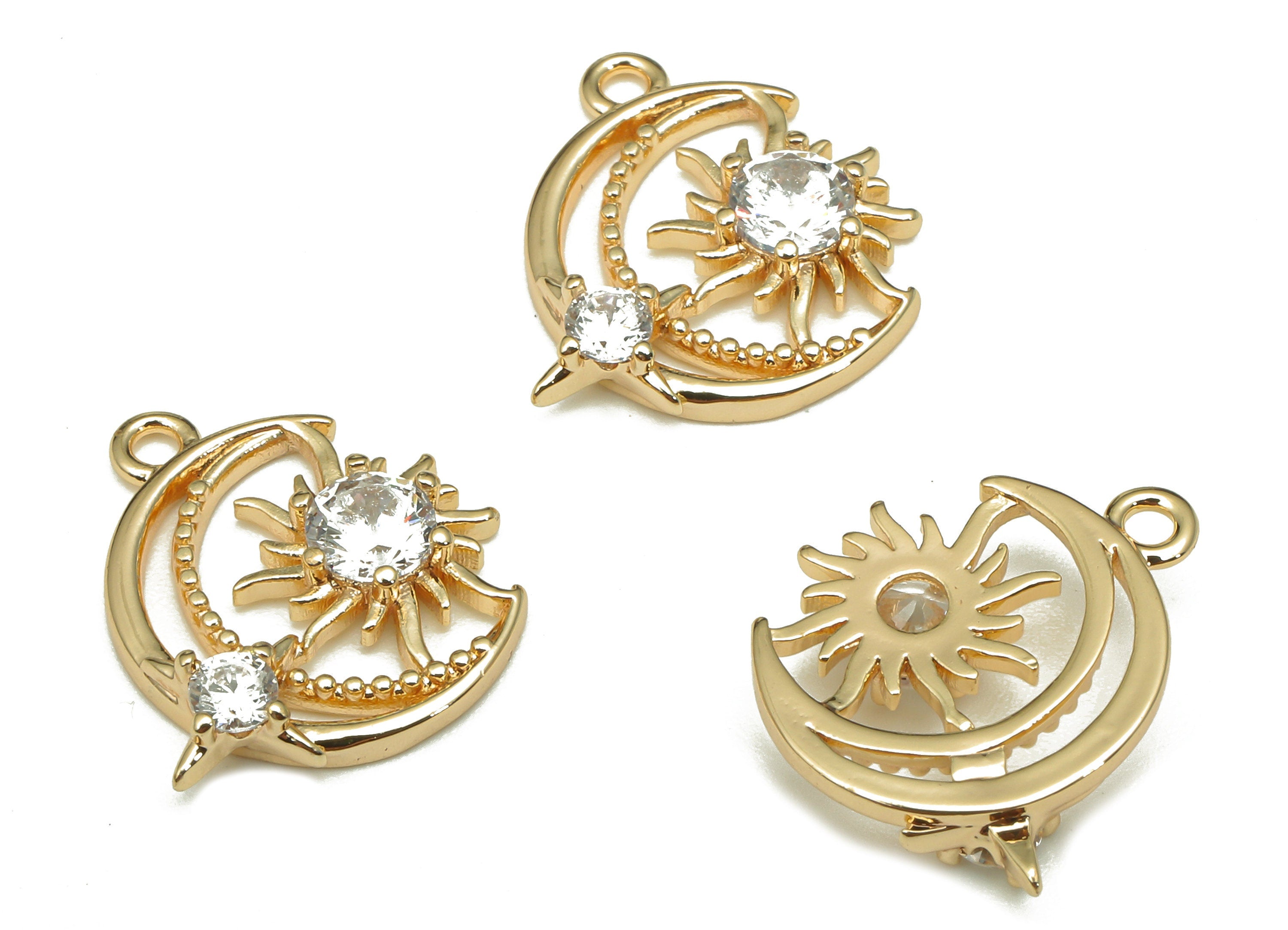 Brass Crescent Earring Charm - Zircon Star Earring - Sun Pendant With Loop - For Necklace - 18K Real Gold Plating - 15.2x14.9x2.5mm -RGP5297 - DOMEDBAZAAR