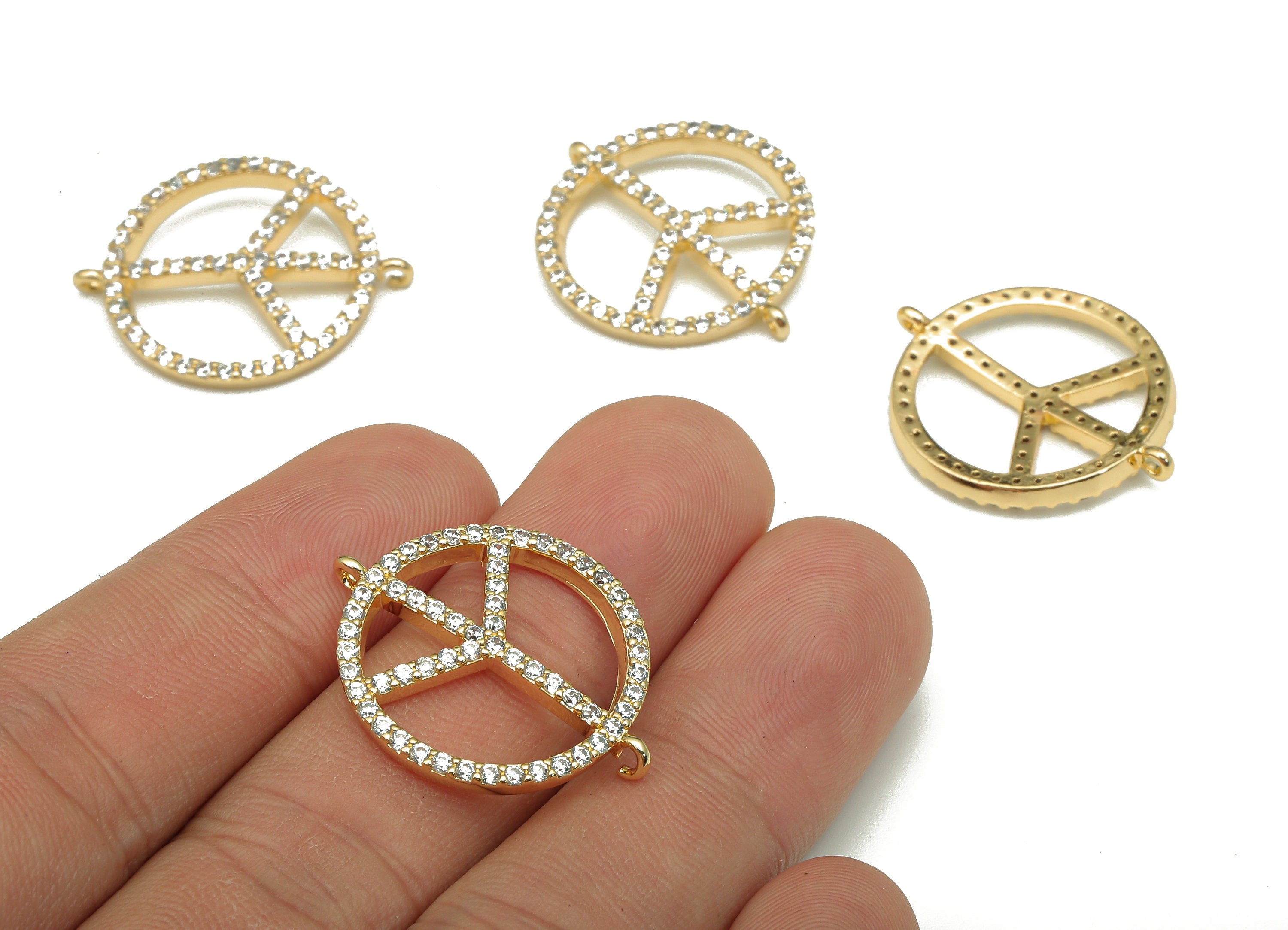 Brass Piece Sign Earring Connector - Zircon Circle Piece Charm - Round Pendant With 2 Loop - 18K Real Gold Plating - 27.8x22.3x2.5mm-RGP5300 - DOMEDBAZAAR