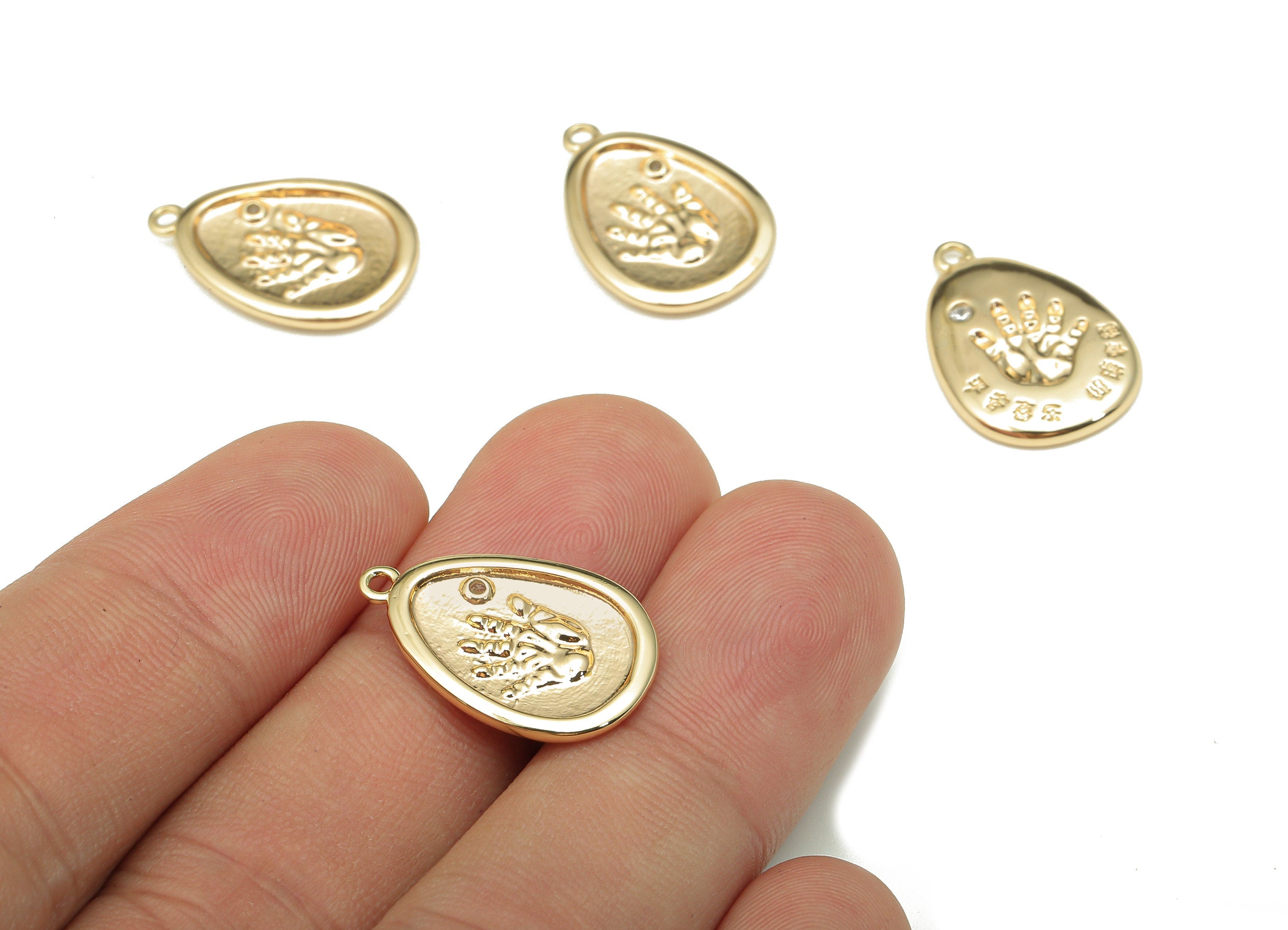 Brass Handprint Oval Earring - Zircon Hand Pendant With Loop - Wish Charm For Necklace - 18K Real Gold Plating - 20.6x14x2.1mm - RGP5305 - DOMEDBAZAAR