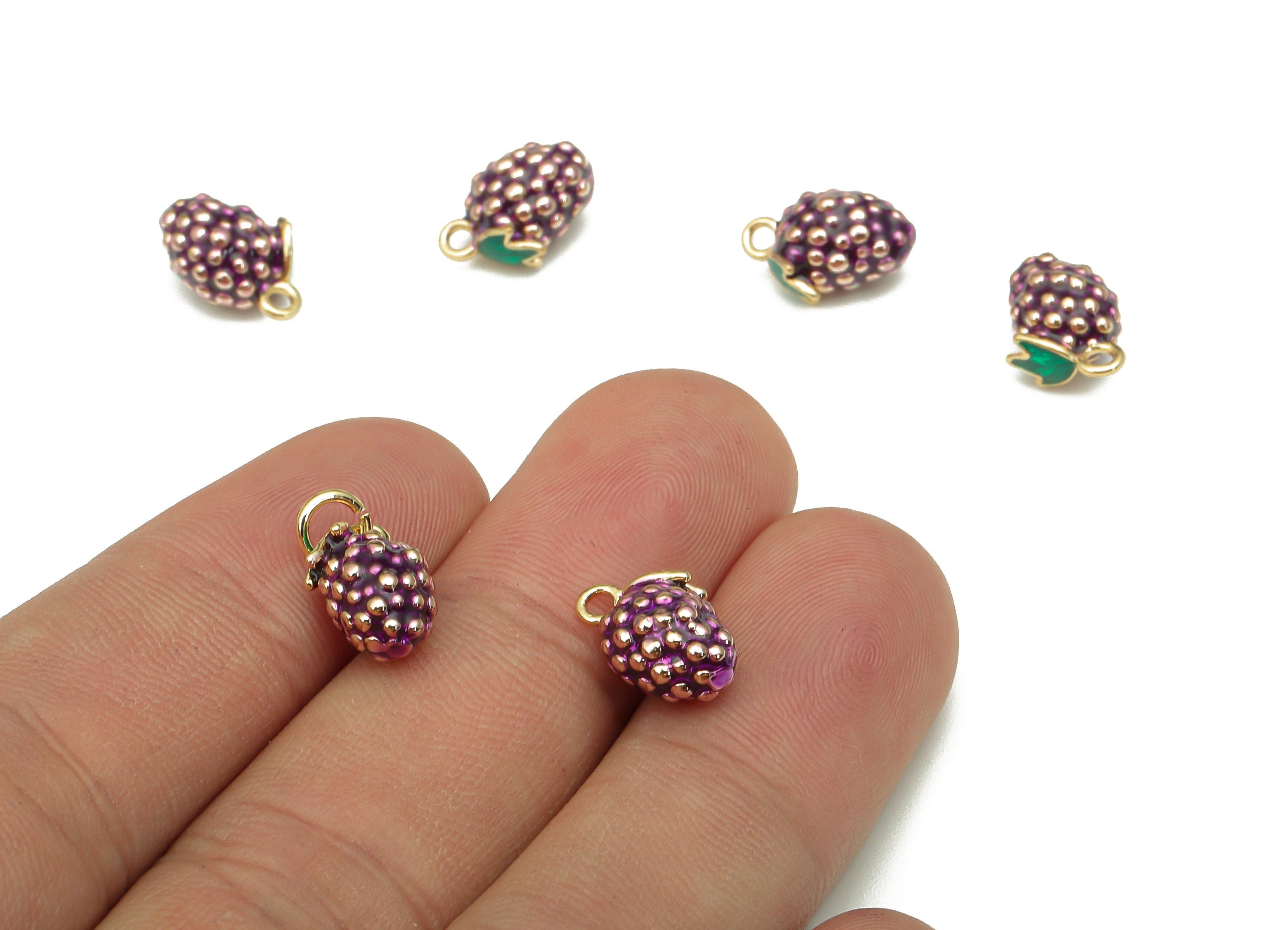 Brass Purple Grape Earring Charm - Enamel Mini Fruit Charm - Fruit Pendant With Loop - 18K Real Gold Plating - 12.1x7.8x6.8mm - RGP5307 - DOMEDBAZAAR