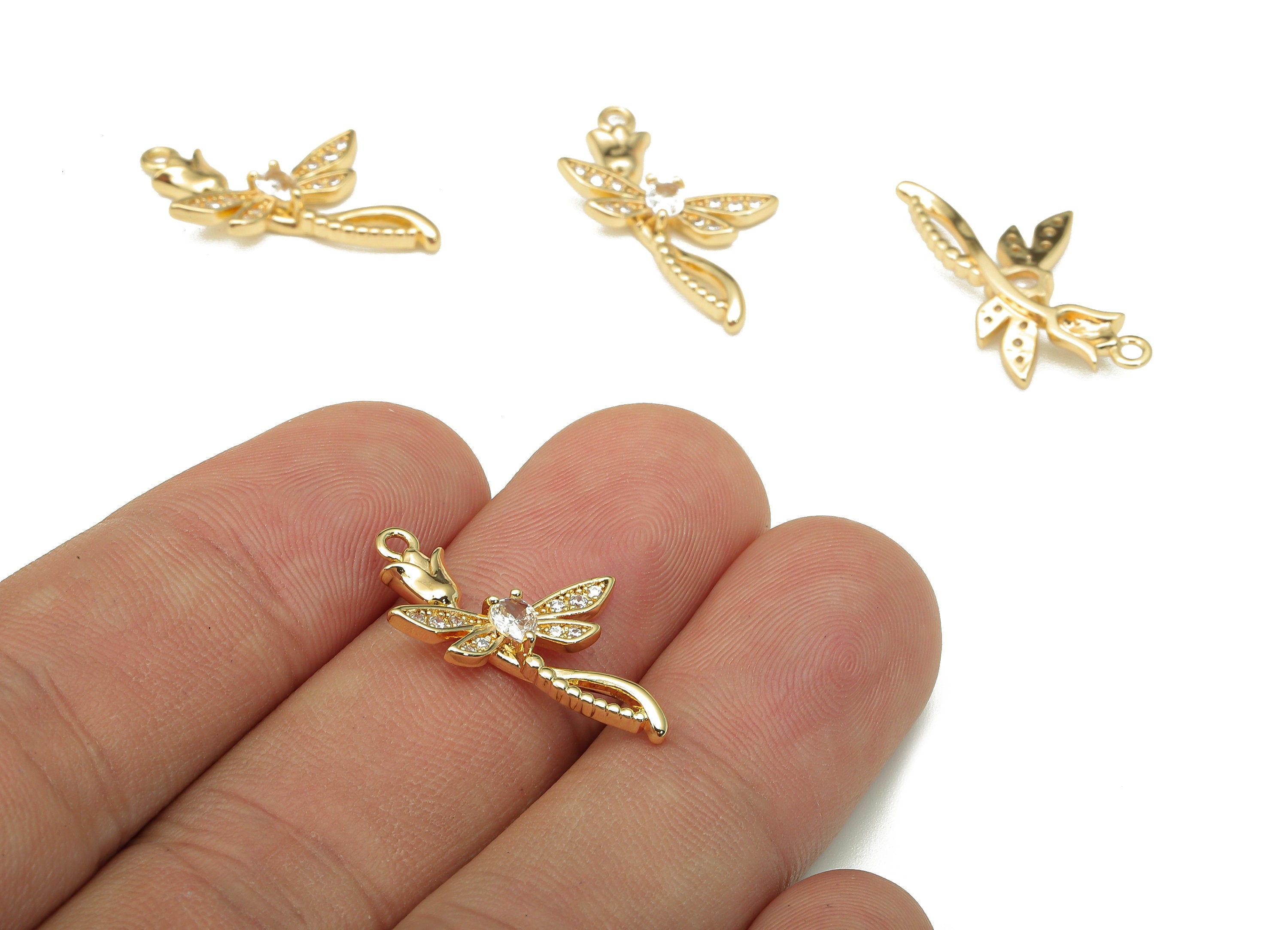 Brass Flower Dragonfly Charm - Zircon Earring For Necklace - Flower Pendant With Loop - 18K Real Gold Plating - 23.9x15.9x3.2mm - RGP5309 - DOMEDBAZAAR