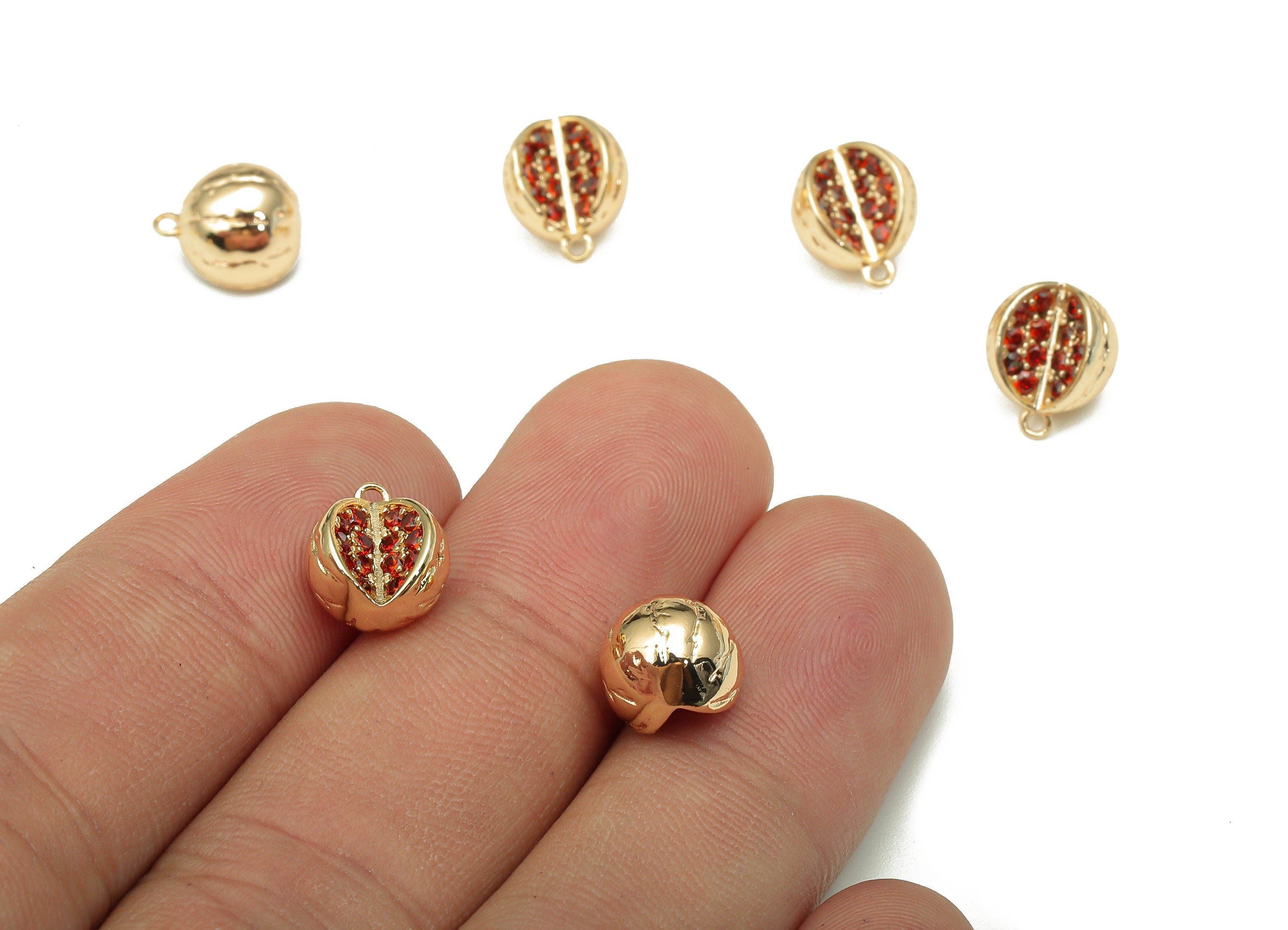 Brass Pomegranate Earring Charm - Gold Mini Fruit Charm - Red Zircon Pendant With Loop - 18K Real Gold Plating -10.5x8.8x7.7mm -RGP5310 - DOMEDBAZAAR