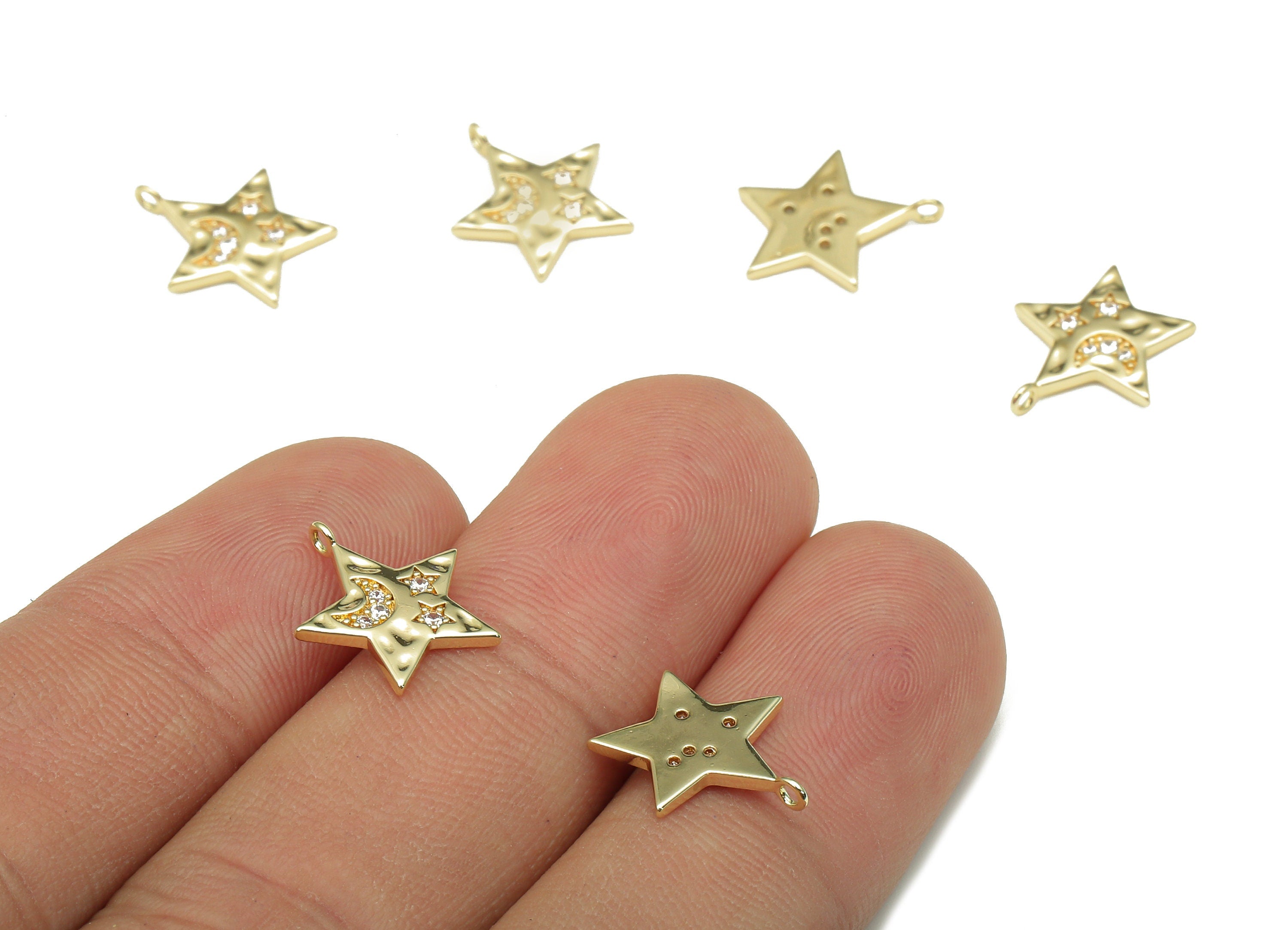Brass Hammered Star Charm - Zircon Crescent Star Earring - Pendant With Loop - For Necklace - 18K Real Gold Plating -13.1x11.9x1.3mm-RGP5312 - DOMEDBAZAAR
