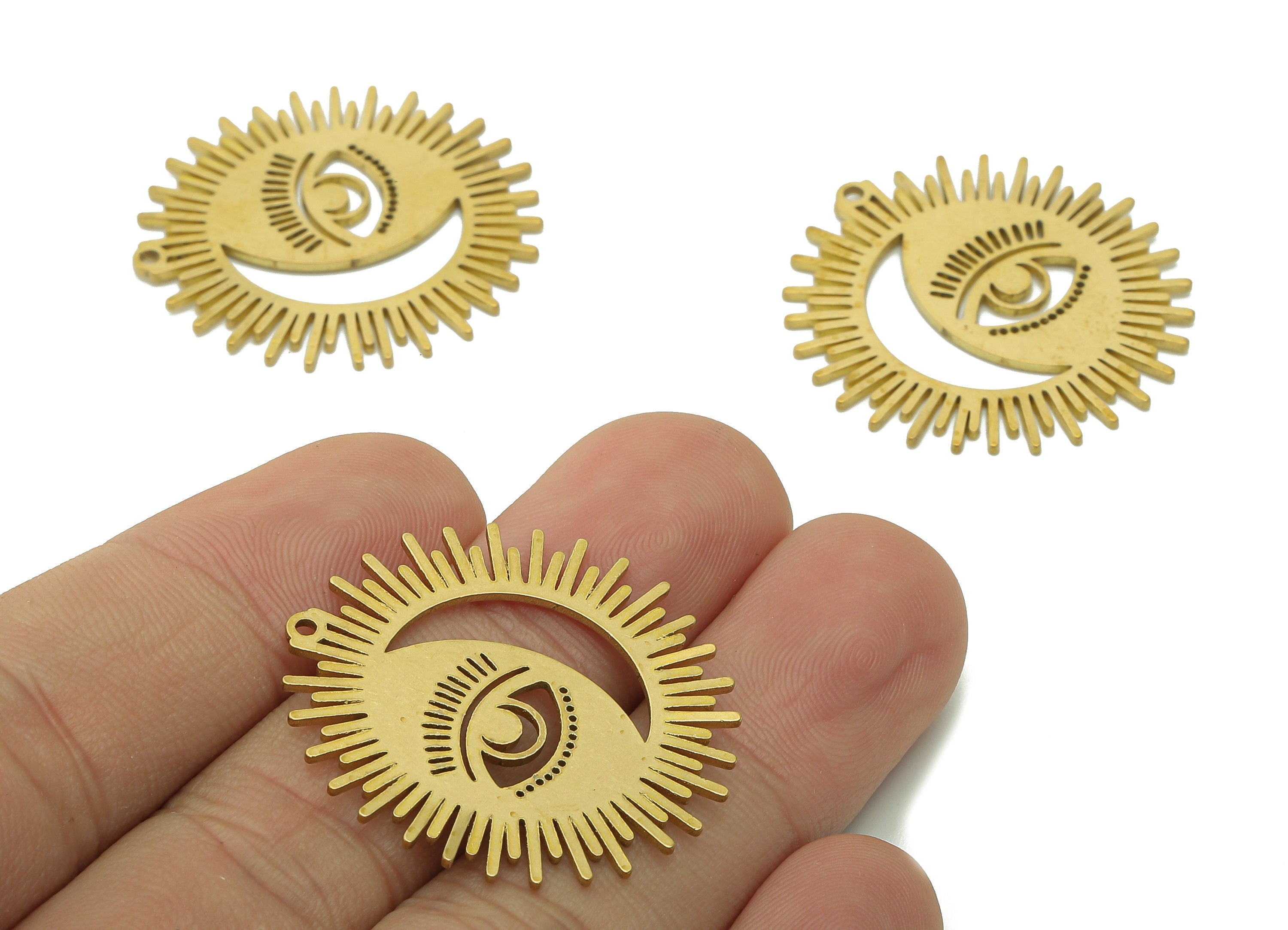 Brass Sun Eye Earring Charms - Raw Brass Crescent Eyelash Earring - Moon Pendant With Loop - Charm For Necklace - 31.6x31.6x0.9mm - PPA6084 - DOMEDBAZAAR