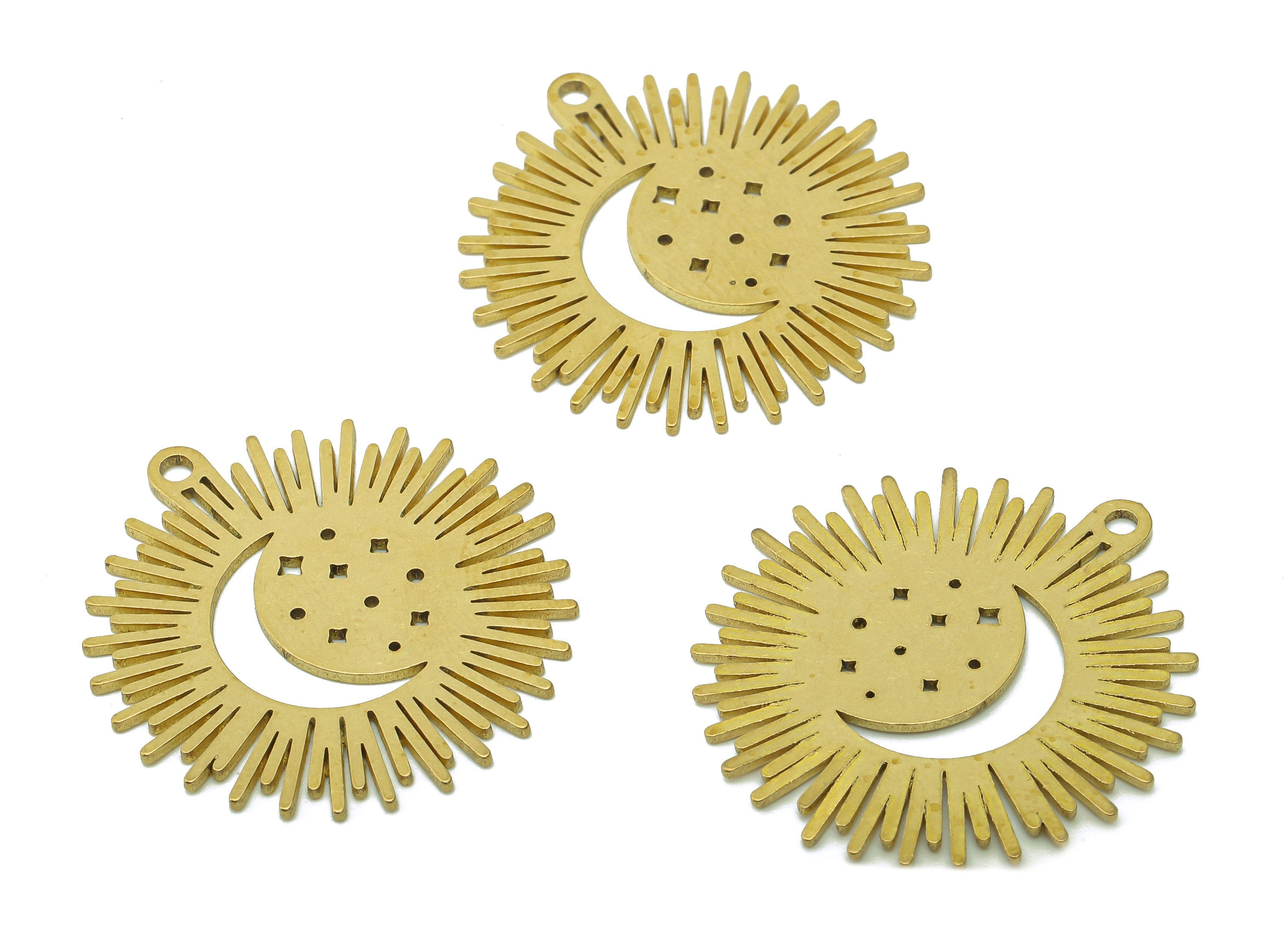 Brass Sun Moon Earring Charms - Raw Brass Crescent Star Earring - Moon Pendant With Loop - Charm For Necklace - 32x30.2x0.9mm - PPA6086 - DOMEDBAZAAR