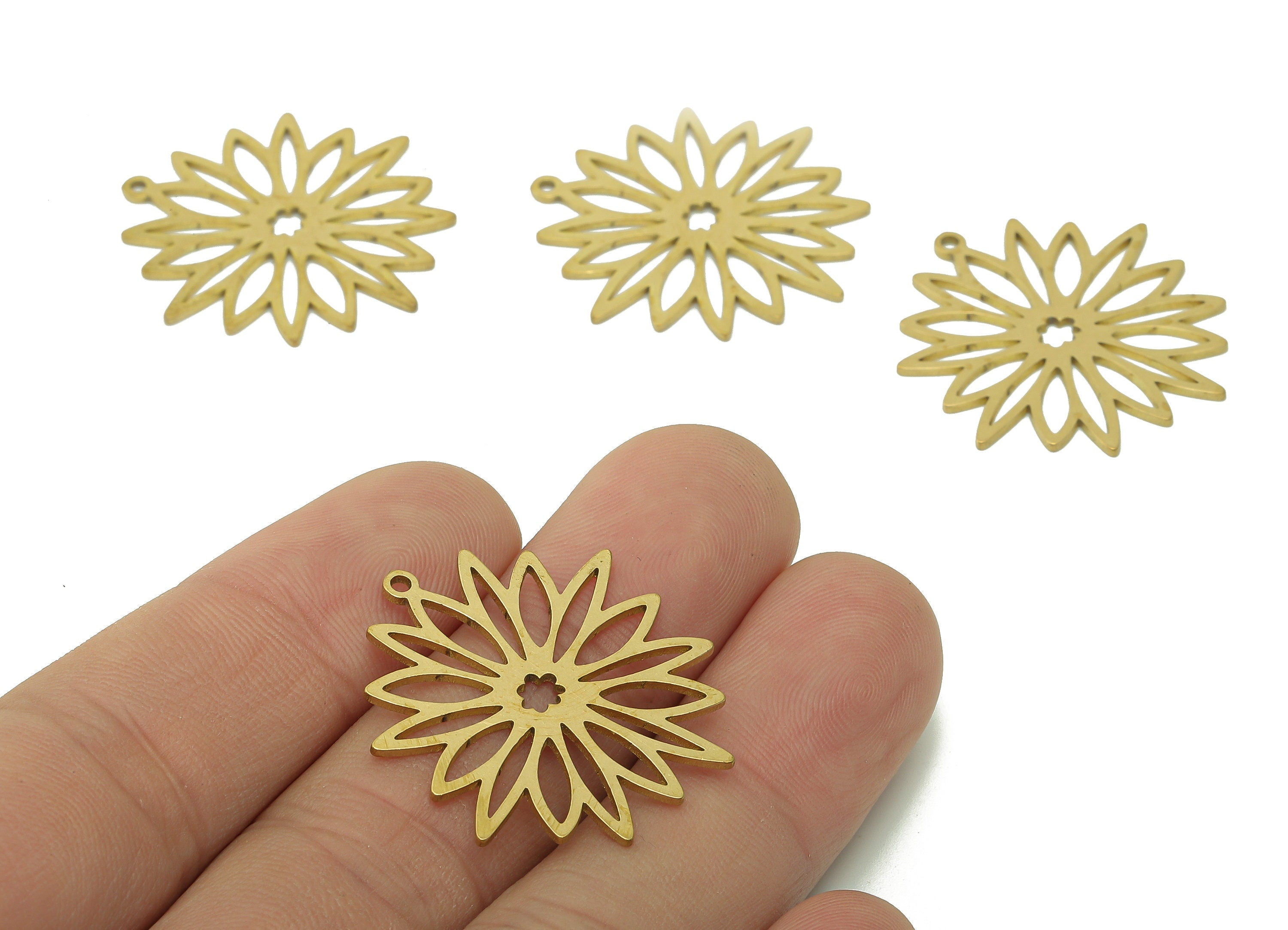 Brass Flower Earring Charms - Raw Brass Flower Earring - Flower Pendant With Loop - Botanical Charm For Necklace - 29.8x27.2x0.9mm - PPA6131 - DOMEDBAZAAR