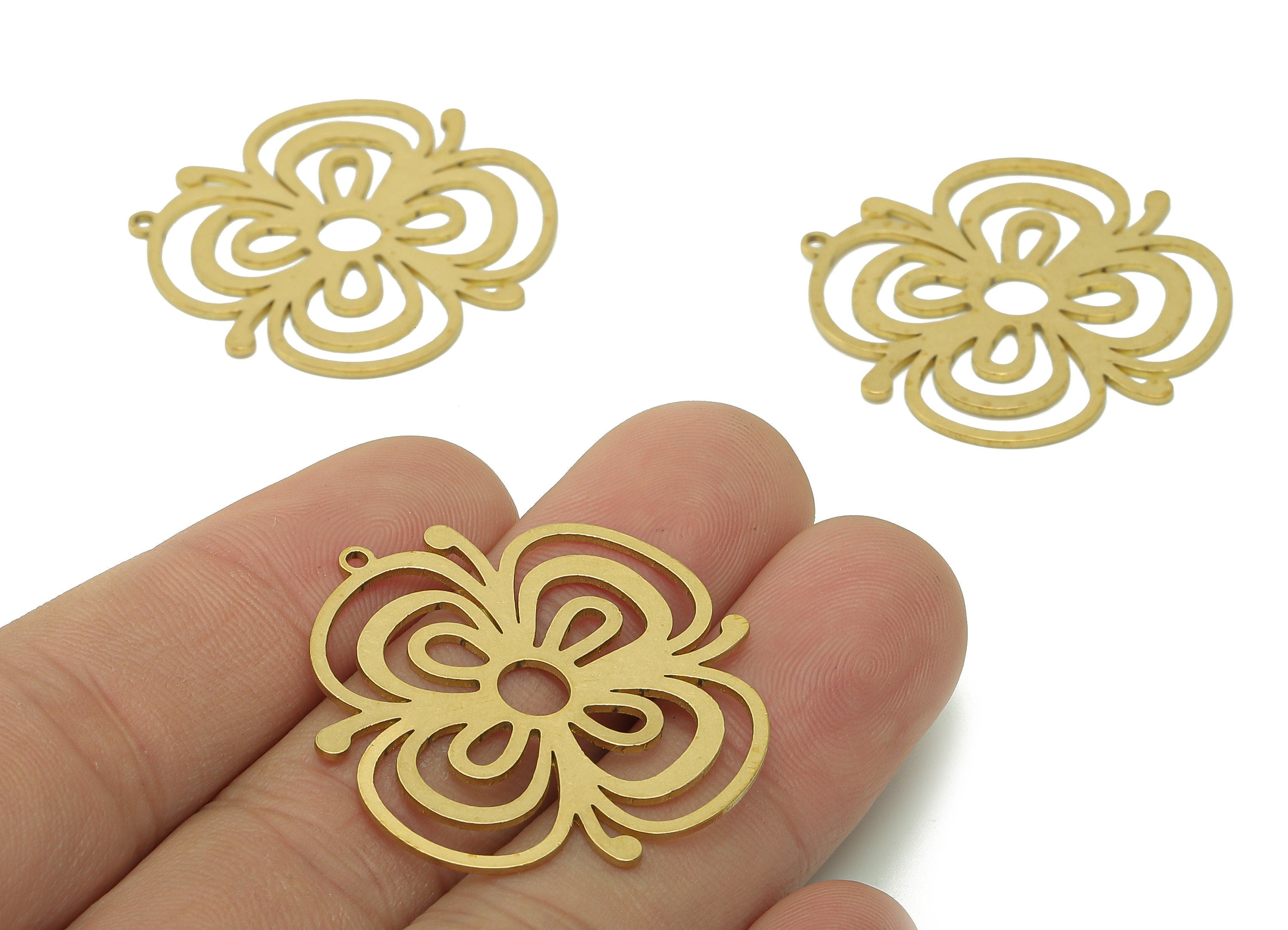 Brass Flower Earring Charms - Raw Brass Flower Earring - Flower Pendant With Loop - Botanical Charm For Necklace - 34.7x32.5x0.8mm - PPA6132 - DOMEDBAZAAR