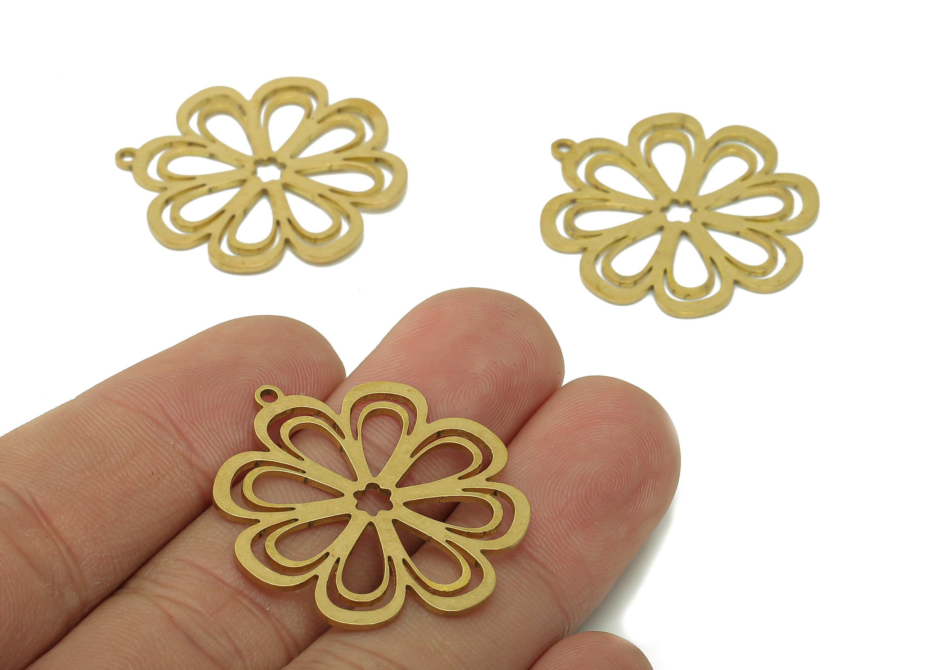 Brass Flower Earring Charms - Raw Brass Flower Earring - Flower Pendant With Loop - Botanical Charm For Necklace - 31.9x28.9x0.9mm - PPA6141 - DOMEDBAZAAR