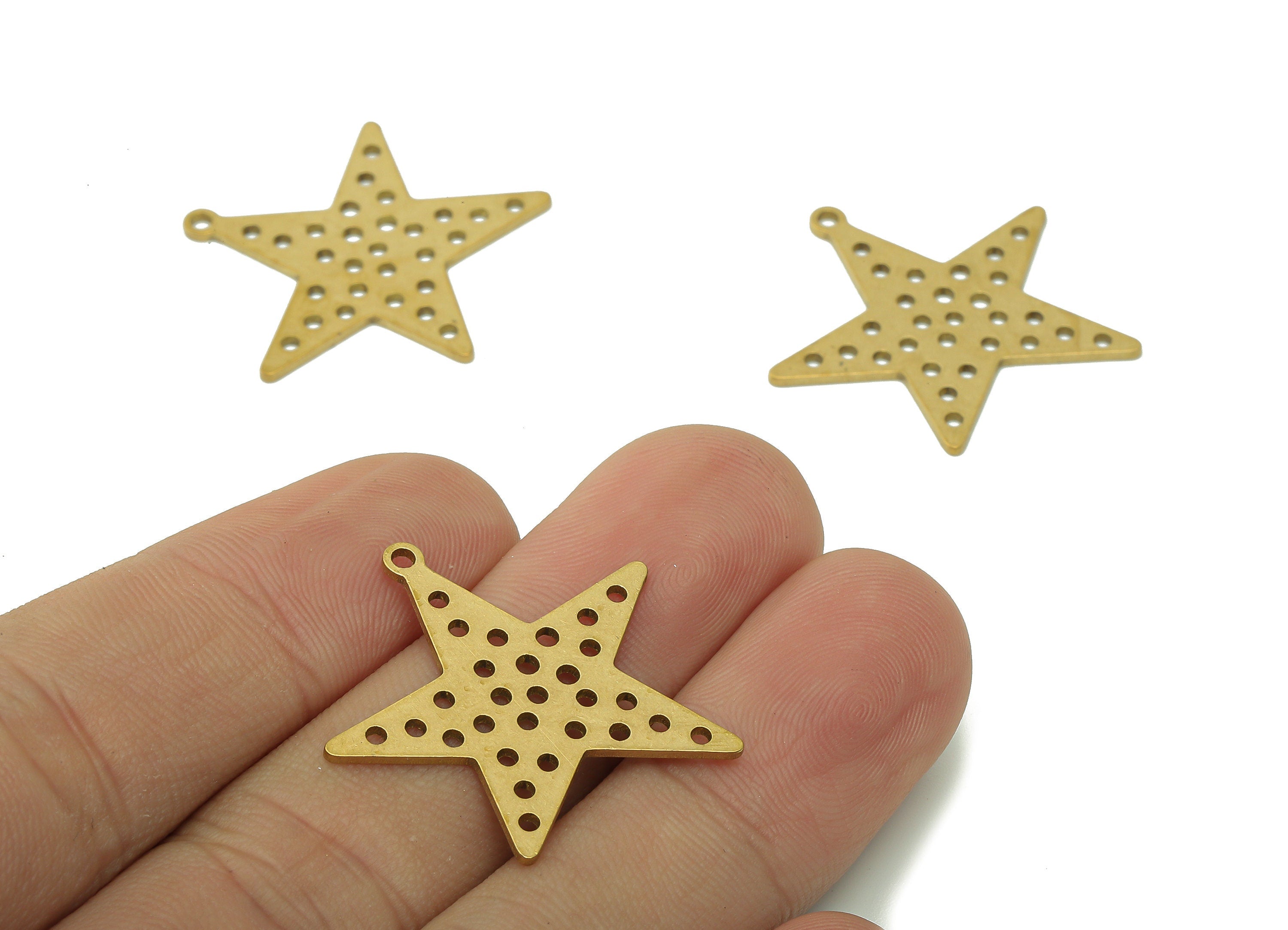 Brass Five-pointed Star Earring Charm - Raw Brass Round Dots Cutout Earring - Pendant With Loop - For Necklace - 27.5x25.9x0.8mm - PPA6199 - DOMEDBAZAAR