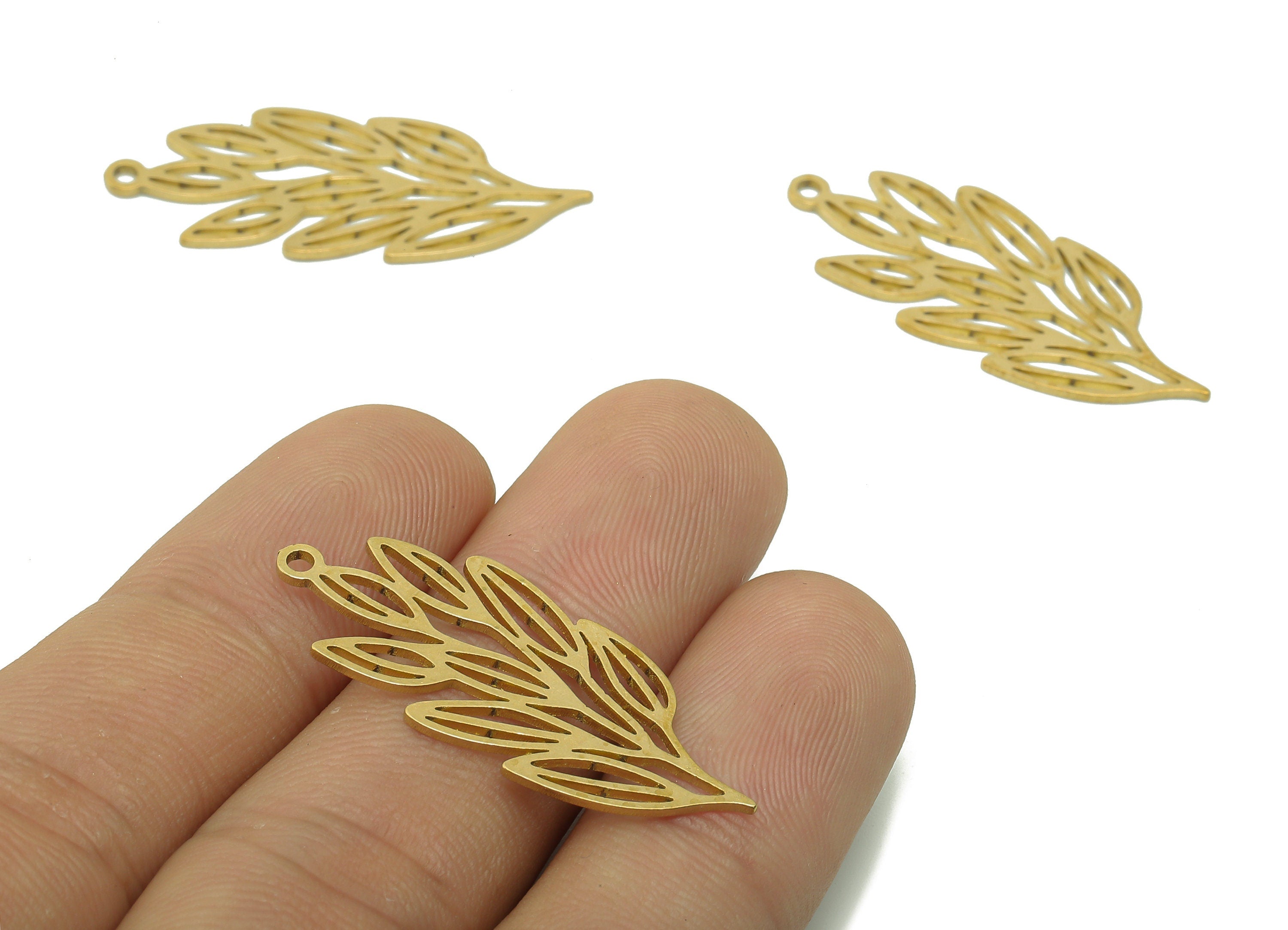 Brass Leaves Earring Charms - Raw Brass Plant Cutout Earring - Botanical Pendant With Loop - Leaf Branch Charm - 34.8x14.2x0.8mm - PPA6217 - DOMEDBAZAAR